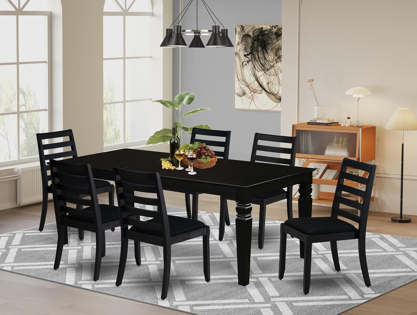 East West Furniture LGX17-BLK-24 -7 Piece Dining Set Includes a Rectangular Kitchen Table with Black Tabletop and 6 Stackable Polyester Fabric Chairs, Black