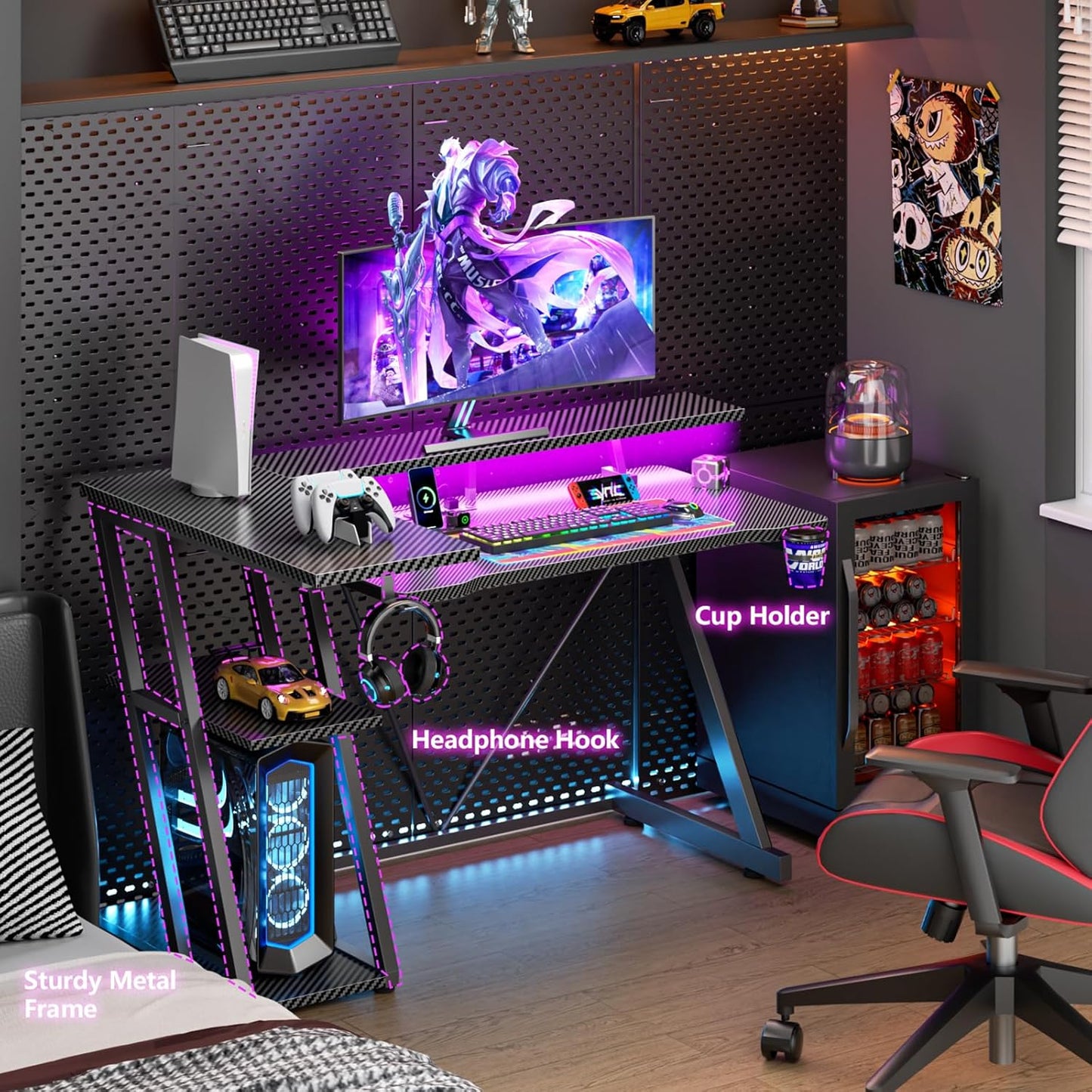 40 Inch Gaming Desk with Power Outlet & LED Lights, L Shaped Computer Gaming Table with 3 Tiers Storage Shelves, Corner Gamer Desk with Monitor Stand for Small Space, Carbon Fiber Black