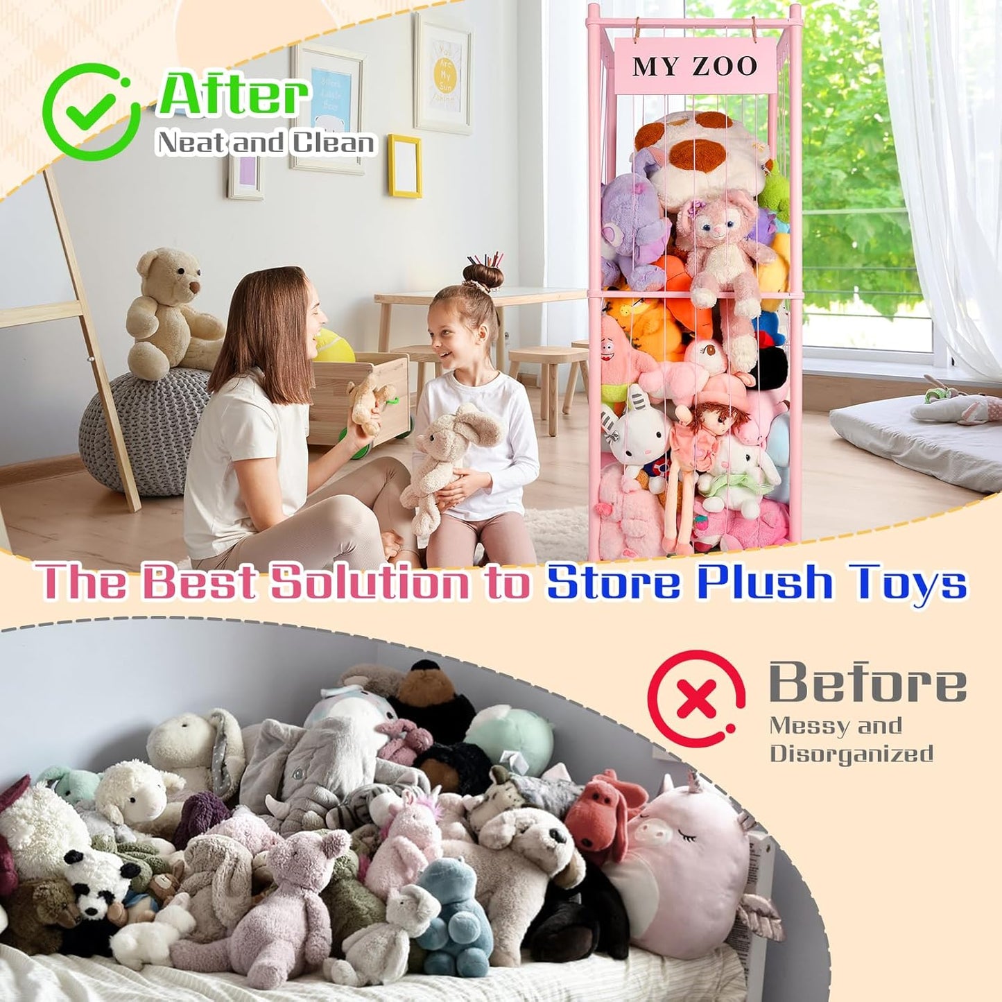 Stuffed Animal Storage Zoo, Wooden Stuffed Animal Organizer with Elastic Cords for Boys Girls, Space Saving Toy Plushies Storage Holder for Playroom, Bedroom, Living Room (Pink, Large)