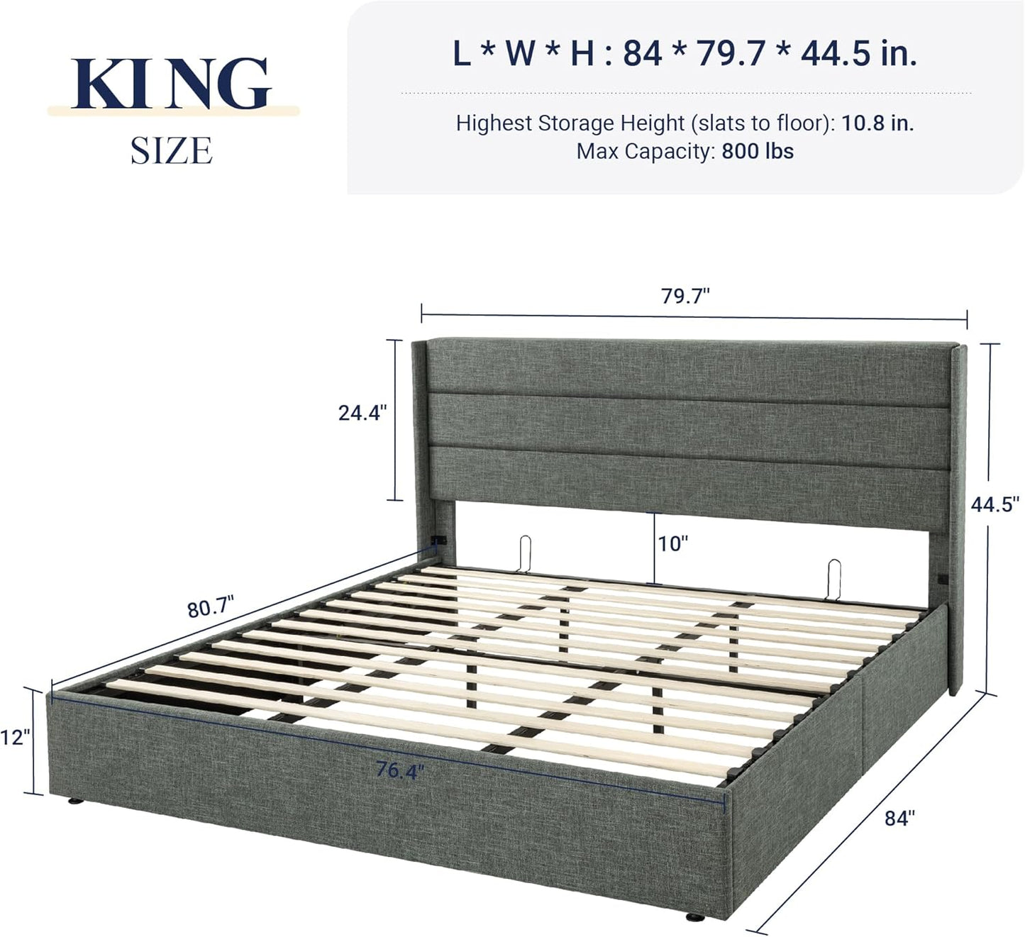Allewie King Size Lift Up Storage Bed, Modern Wingback Headboard, Hydraulic Support, No Box Spring Needed, Dark Grey