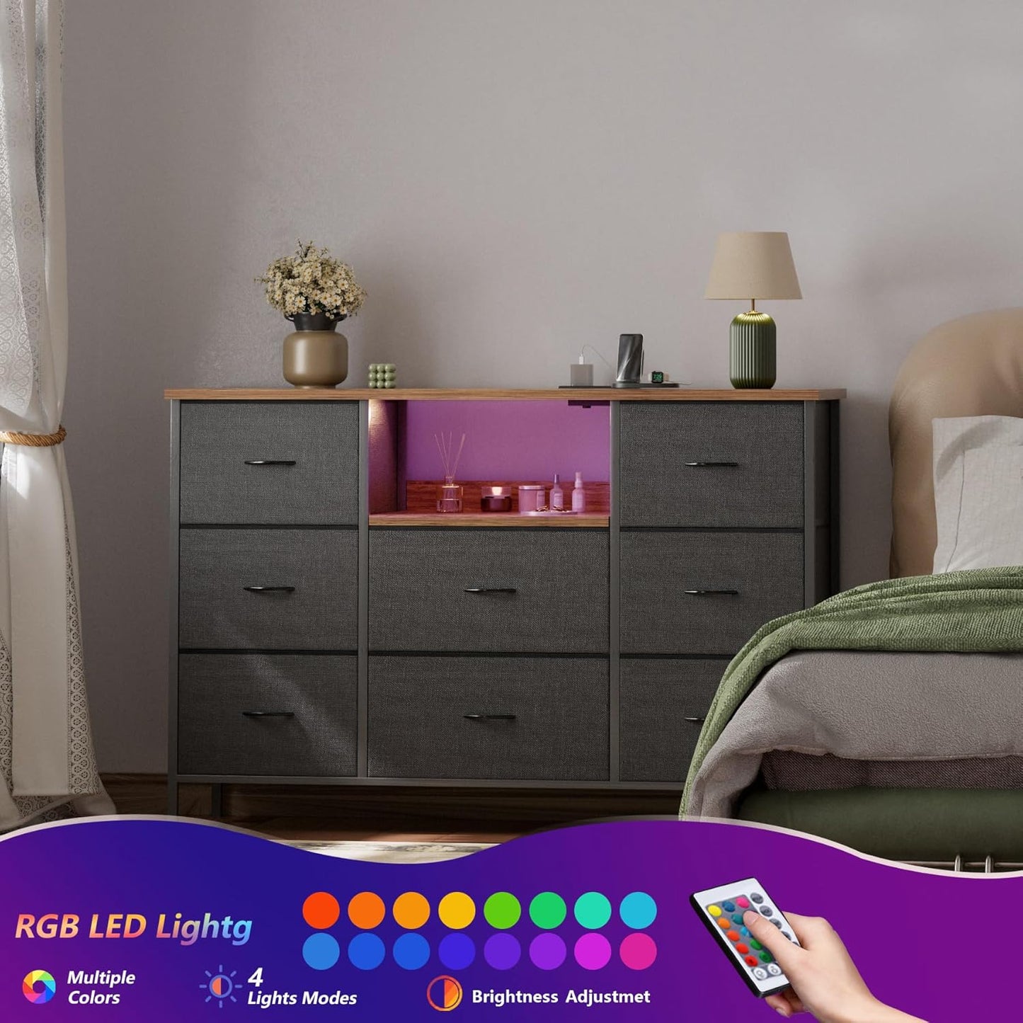 Black Dresser with LED Lights & Power Outlets, Dresser TV Stand with 8 Drawers for 55" TV, Fabric Chest of Drawers for Bedroom, Living Room, Entryway