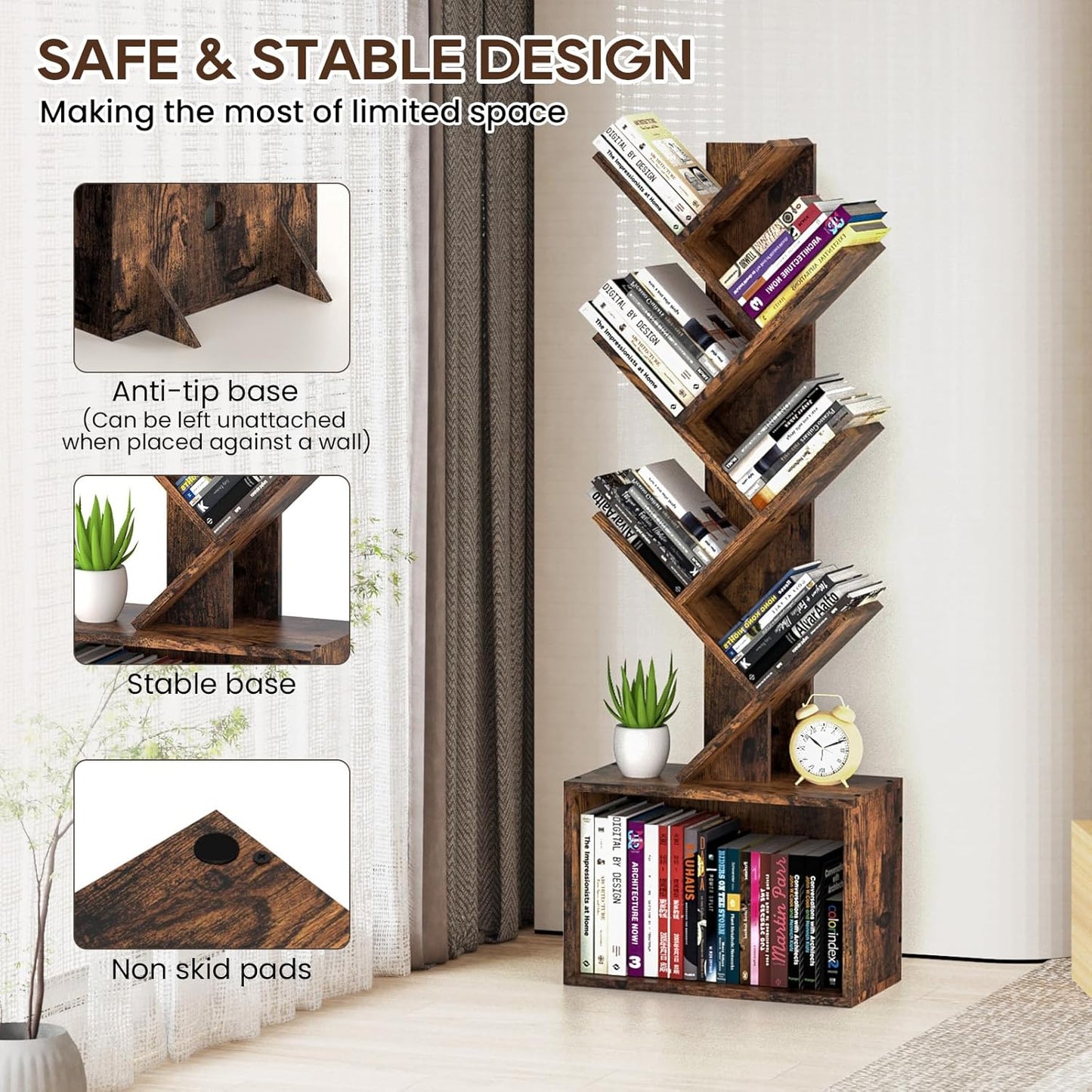 6 Tier Tree Bookshelf, Sturdy Retro Floor Standing Wood Bookcase, Storage Rack for Home Office, Living Room, Bedroom, Reading Spot, Heavy Book Organizer Shelves for CDs/DVDs/Movies