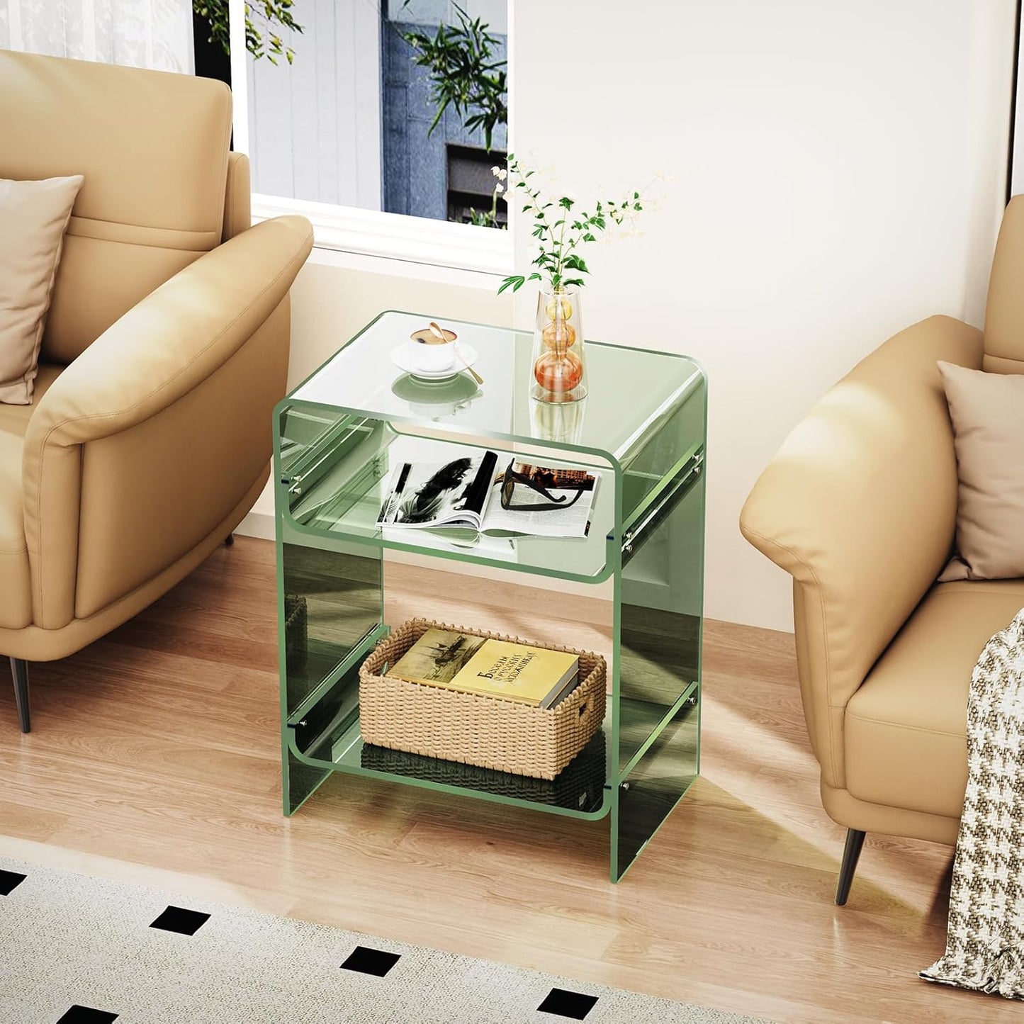 Acrylic Record Player Table with Storage Shelf, Clear Side Table Nightstand (Green)