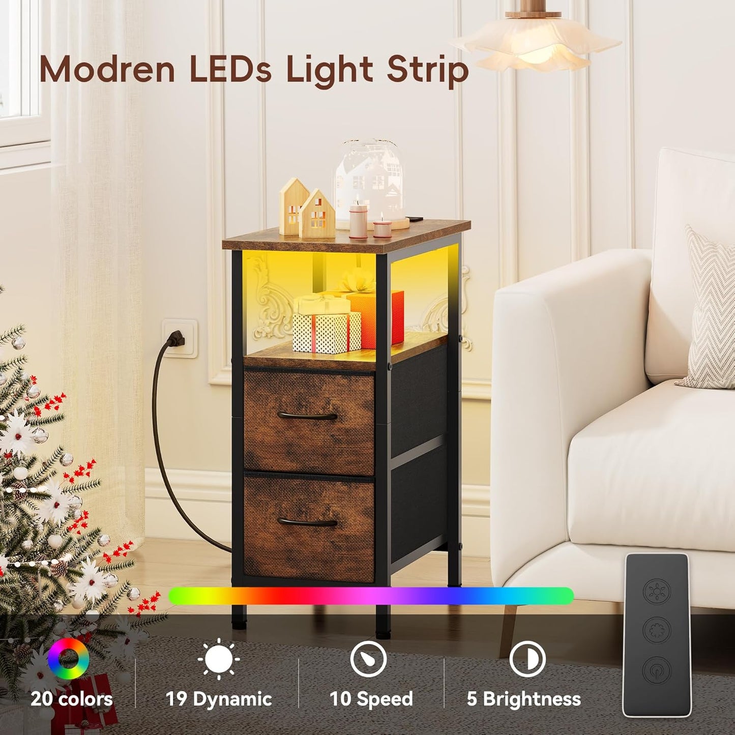 Vagusicc Set of 2 Nightstand with Charging Station and LED Lights, Narrow Side Table, LED Night Stand with 2 Fabric Drawers, Bedside Table Small End Table, Tall Nightstand for Bedroom, Rustic Brown