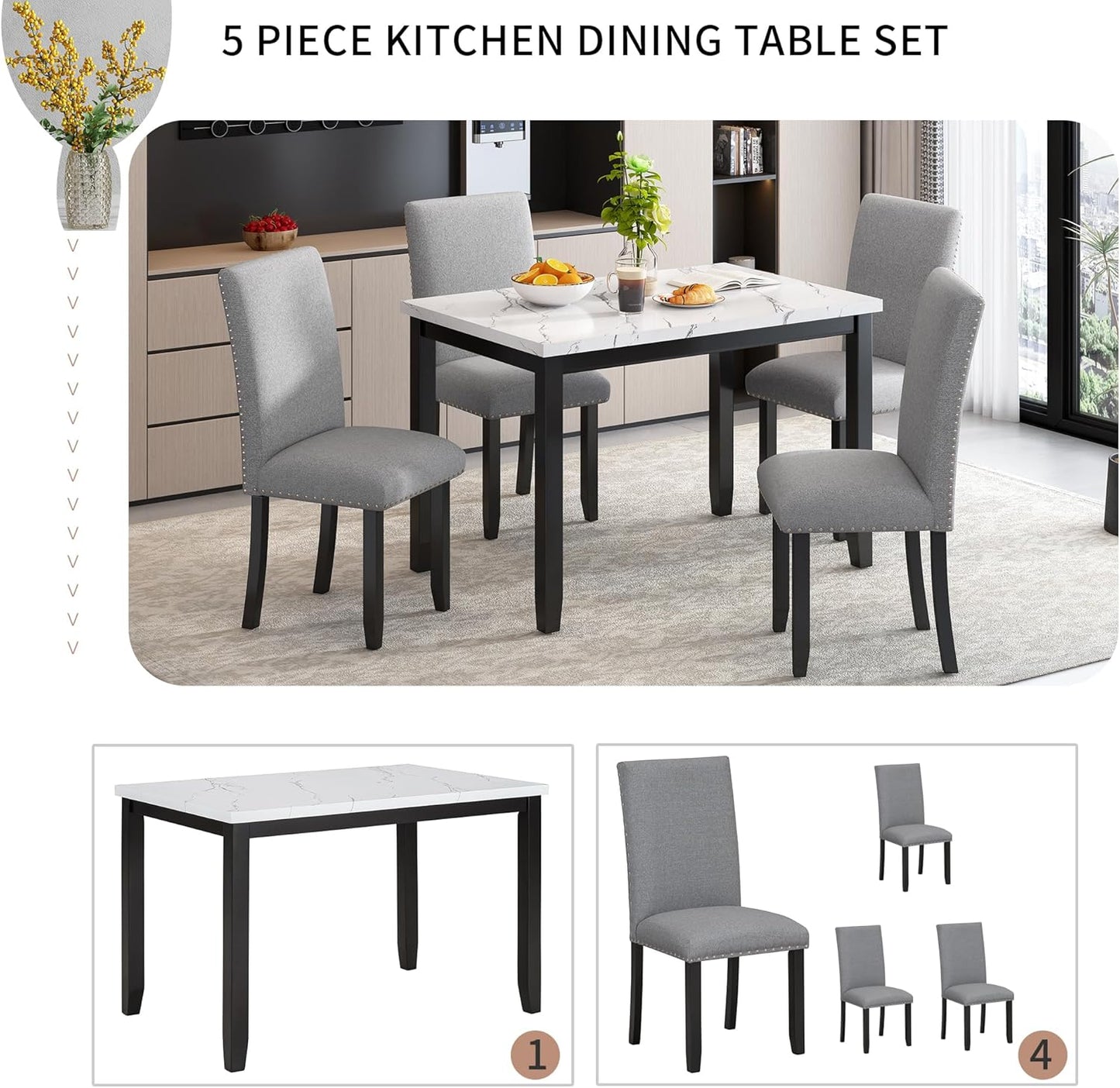 Ball & Cast 5 Piece Dining Table Set with 4 Cushion Chairs,Kitchen Table and Chairs for 4 W/ 45.3" Rectangle Desk,for Restaurant,Home Bistro,White/Light Gray+Black