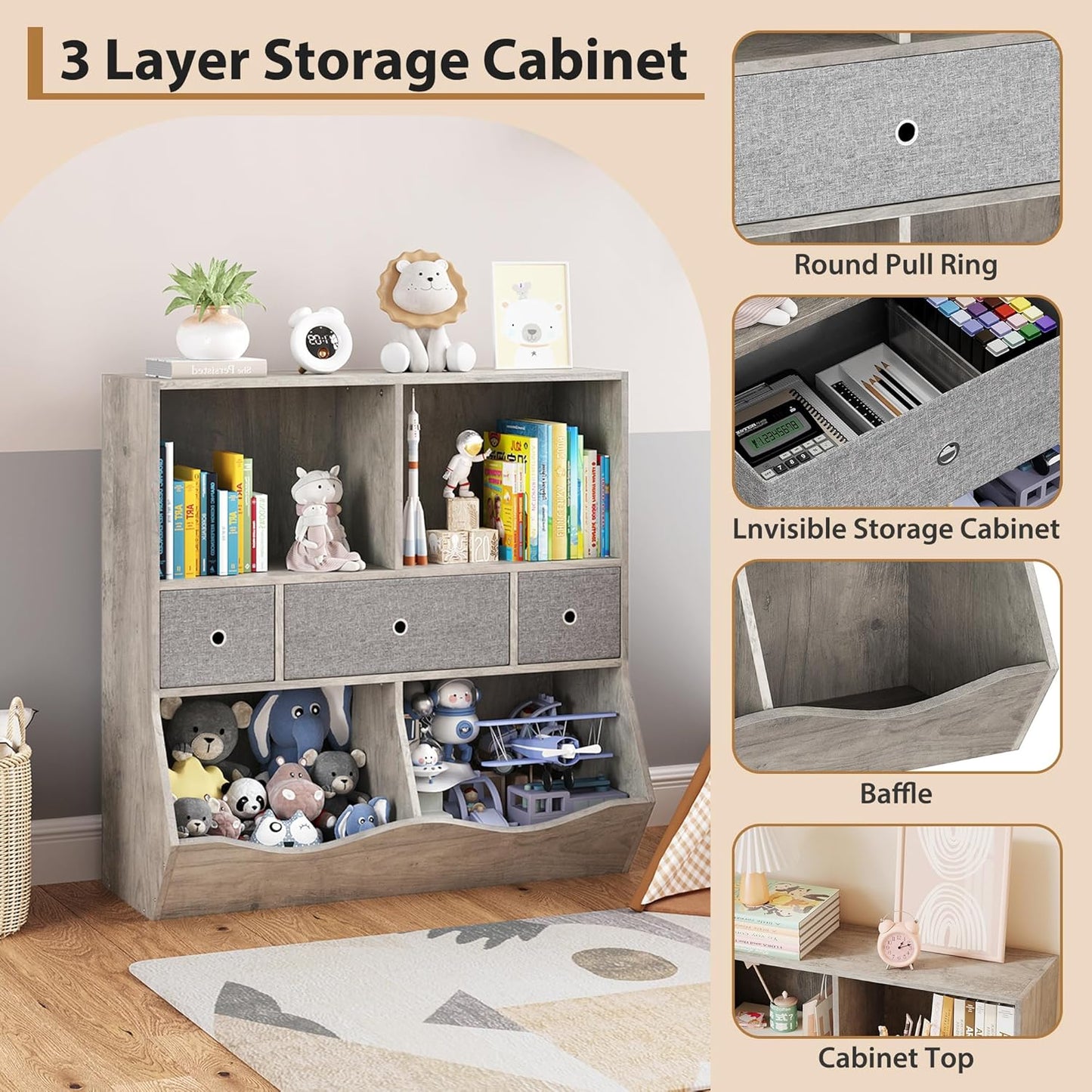 IDEALHOUSE 7-Cubby Large Kids Toy Storage Organizer, Children Wood Bookcase and Bookshelf, 3-Tier Toy Storage Cabinet with 3 Drawers for Hallway, Playroom, Living Room, School,Gray