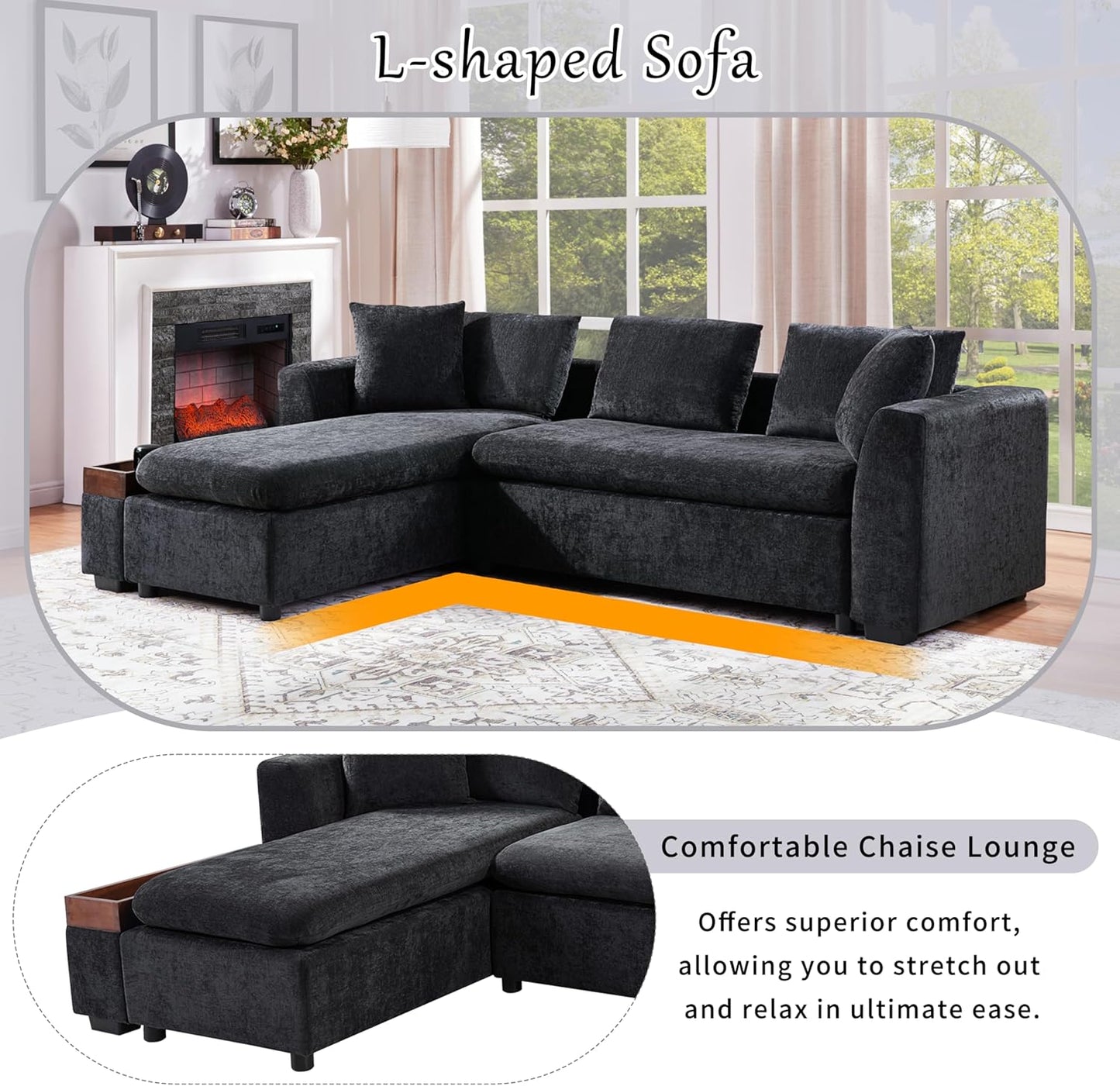 Merax 93.7" L-Shaped Sectional Sofa with Wooden Storage Compartment, Chenille Upholstered Deep Seating Sleeper Couch & Chaise Lounge and Throw Pillows for Living Room, Black