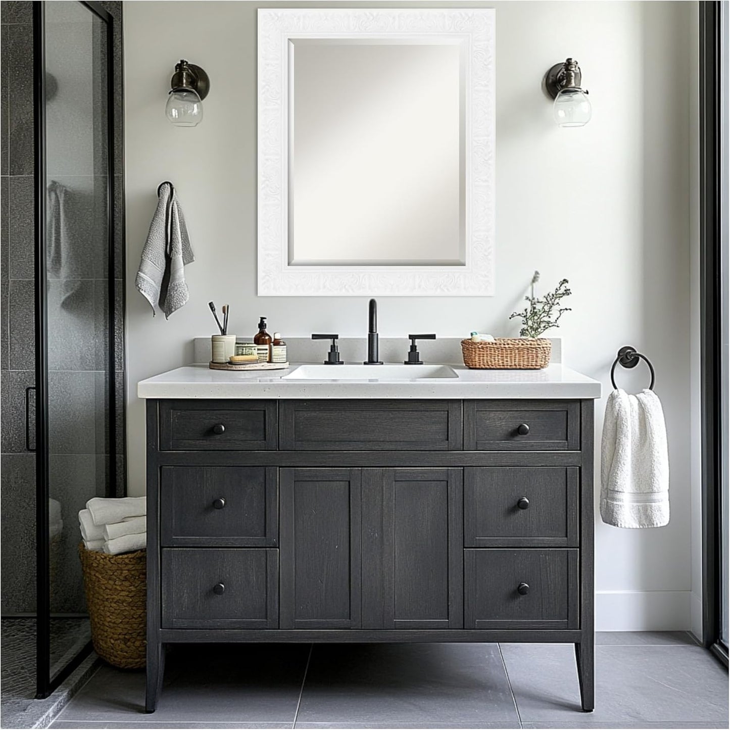 Amanti Art White Bathroom Mirror for Over Sink, 29x35 Luxe White Rectangle Vanity Mirror, Large Traditional Frame, Hangs Horizonally and Vertically, Bathroom Wall Decor, Beveled Edge