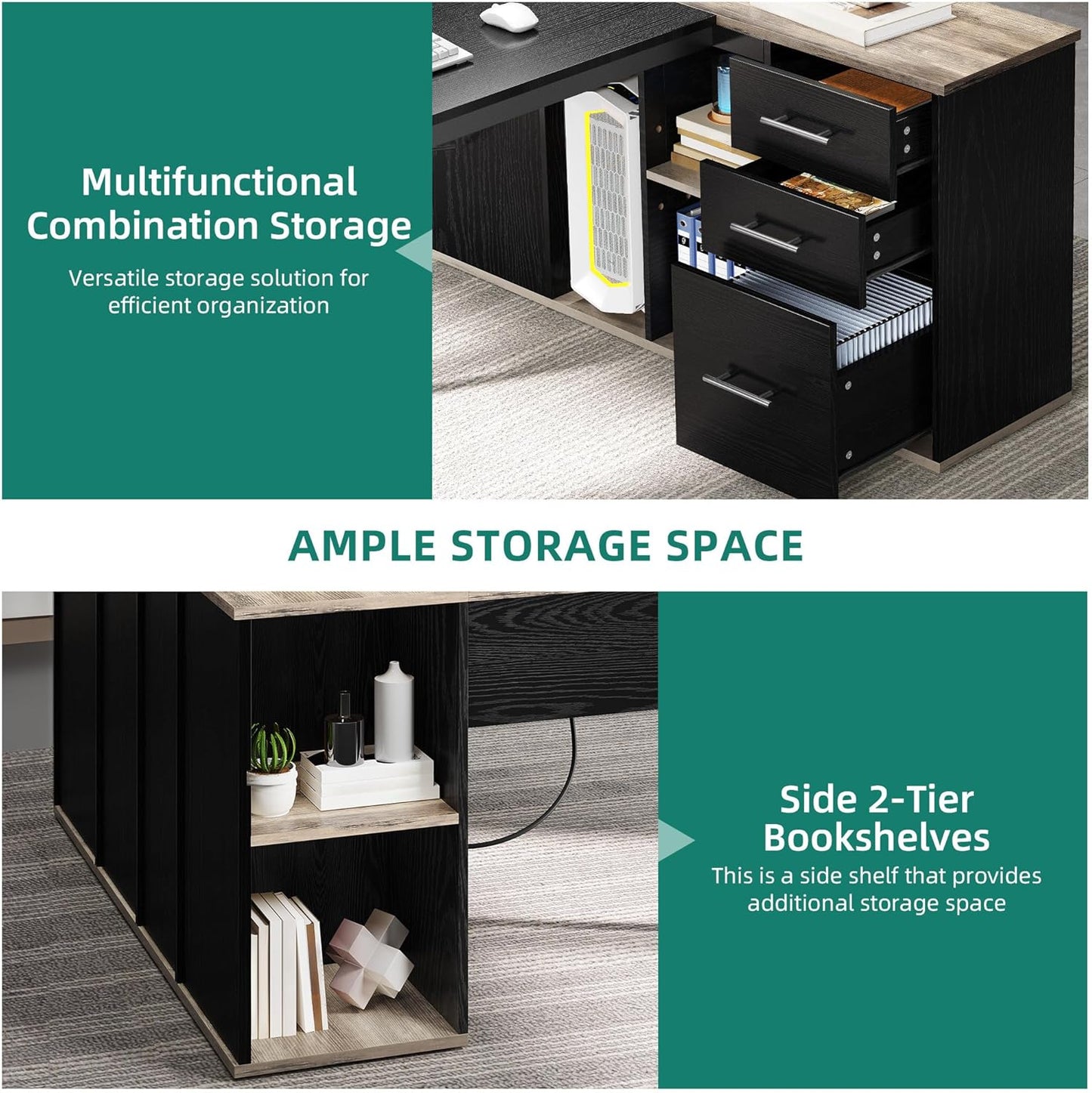 YITAHOME Executive Desk with Power Outlets, 71" L Shaped Desk with File Cabinet, Executive Desk with Drawers & Storage Shelves, Corner Office Desk with Bookshelf for Home Office, Grey & Black