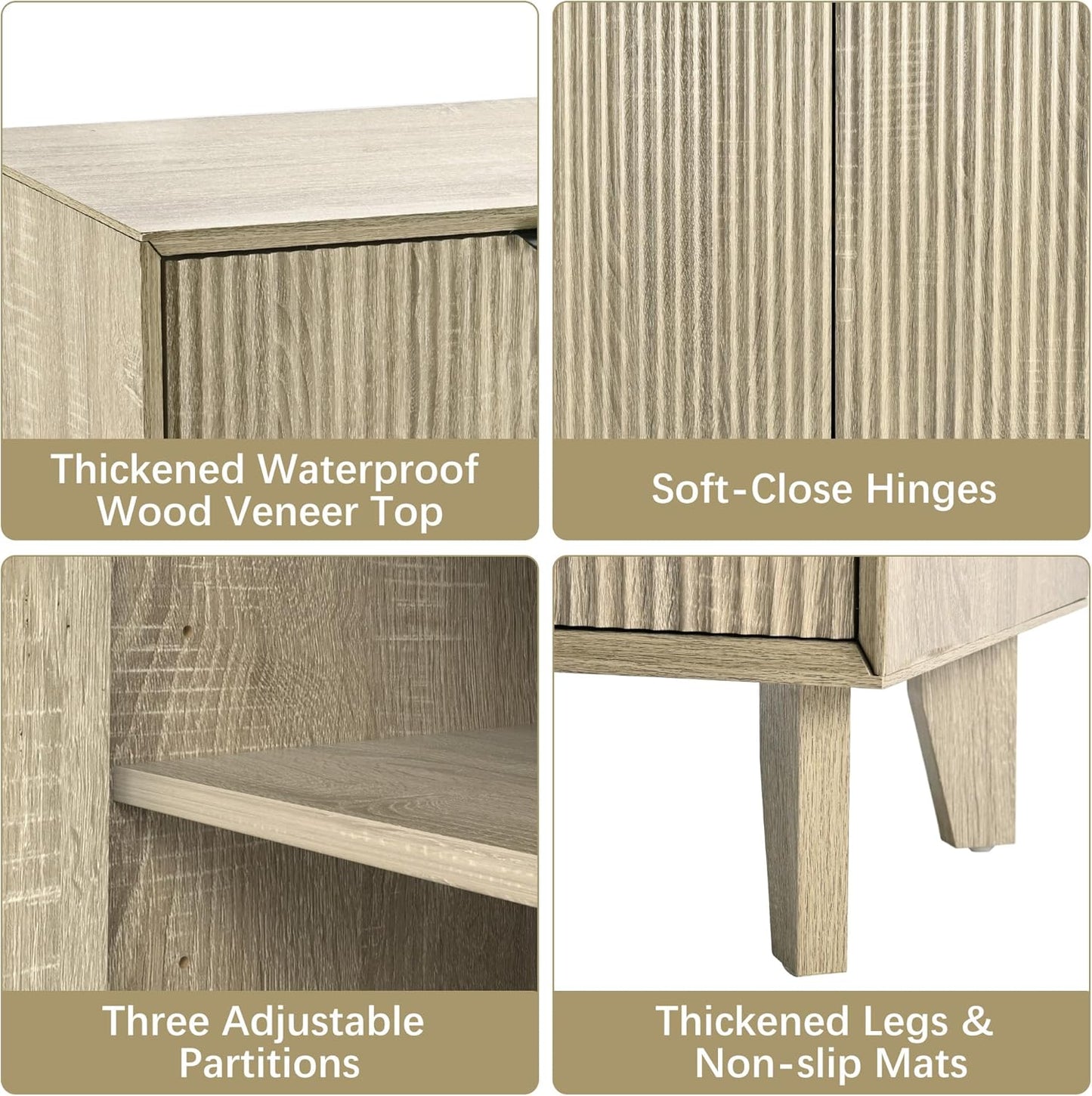 Fluted Cabinet with Storage, Small Buffet Storage with Doors, Buffet Sideborad Accent Cabinet with Adjustable Shelves for Living Room, Kitchen, Entry, Hallway, Natural