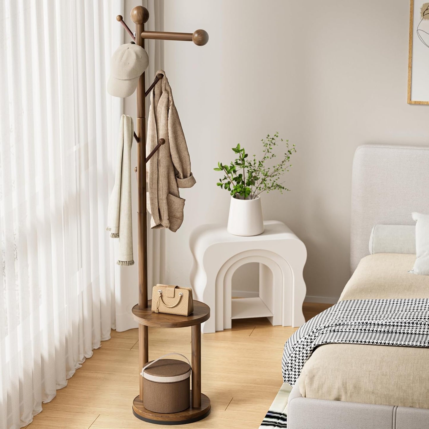 Solid Wood Rotary Coat Rack, Freestanding 360° Swivel Coat Rack with Heavy-Duty Base, 8 Hooks & 2-Tier Shelves for Entryway, Bedroom, Office, Standing Coat Tree for Jackets, Hats, Bags (Walnut)