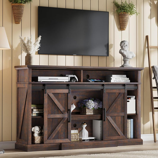 66" Farmhouse TV Stand for 75 Inch TVs, 40" Tall Entertainment Center with Sliding Barn Doors, Rustic Media Console Table Storage Cabinet with Adjustable Shelves, Living Room, Sawdust Brown