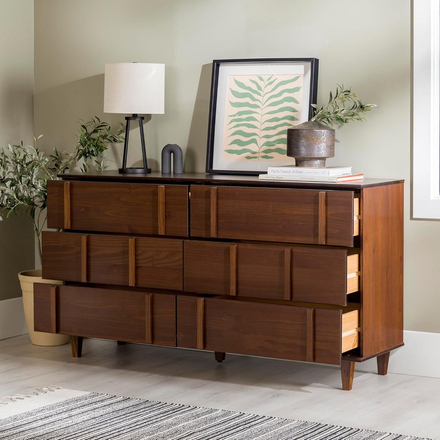 Walker Edison Contemporary Detailed 6-Drawer Solid Wood Dresser, 60 Inch, Walnut