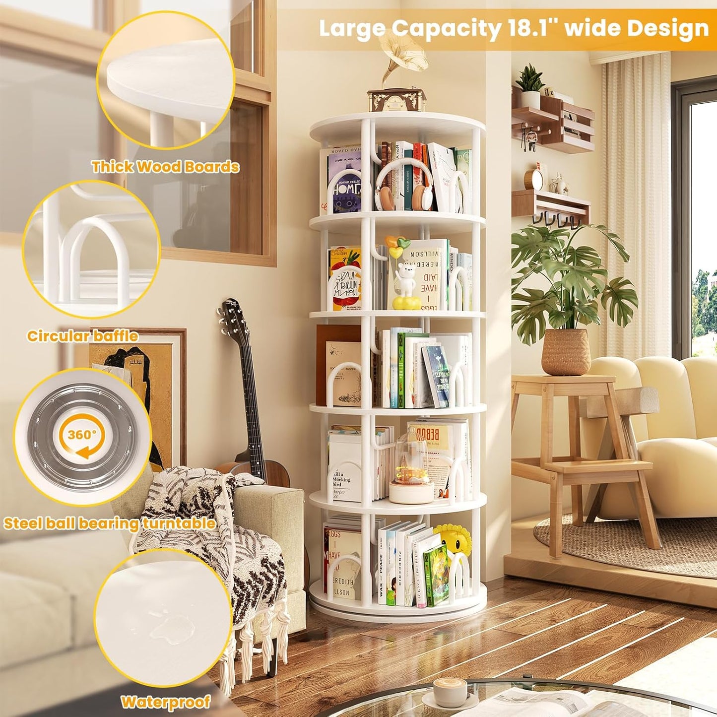 Aheaplus 5 Tier Rotating Bookshelf Tower, 360 Display Spinning Bookcase, Revolving Round Book Shelf Narrow Swivel Bookshelf, Vertical Turning Spiral Corner Book Organizer for Small Space, White