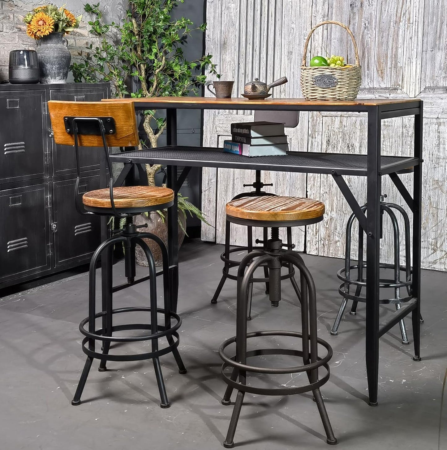 Diwhy Industrial Bar Stool-26-32 Inch Adjustable Swivel Metal Wood Seat Stool Bar Height Bar Stool with Backrest-for Kitchen, Dining Side Chair, Pub, Bistro, Set of 2, Black