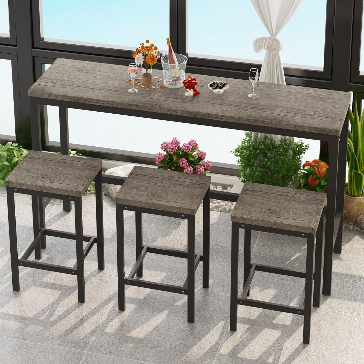 KEIKI 60.24” Long Bar High Top Dining Table and 3 Stools Chairs Set, Wood Behind Couch Sofa Counter Height Pub Furniture for Breakfast, Kitchen Living Party Room, Brown Grey