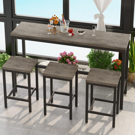 KEIKI 60.24” Long Bar High Top Dining Table and 3 Stools Chairs Set, Wood Behind Couch Sofa Counter Height Pub Furniture for Breakfast, Kitchen Living Party Room, Brown Grey