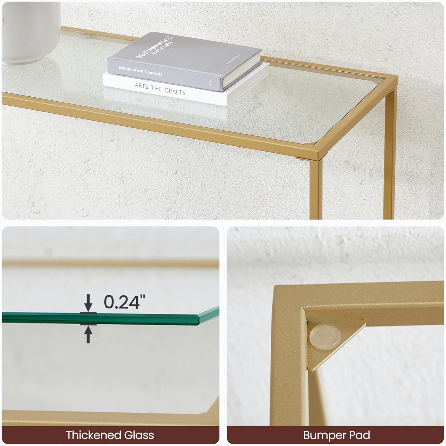 VASAGLE 47.2 Inches Console Table, Tempered Glass Sofa Table, Modern Entryway Table, Sturdy Metal Frame, Easy to Assemble, Adjustable Feet, for Living Room, Hallway, Gold Color ULGT036A01