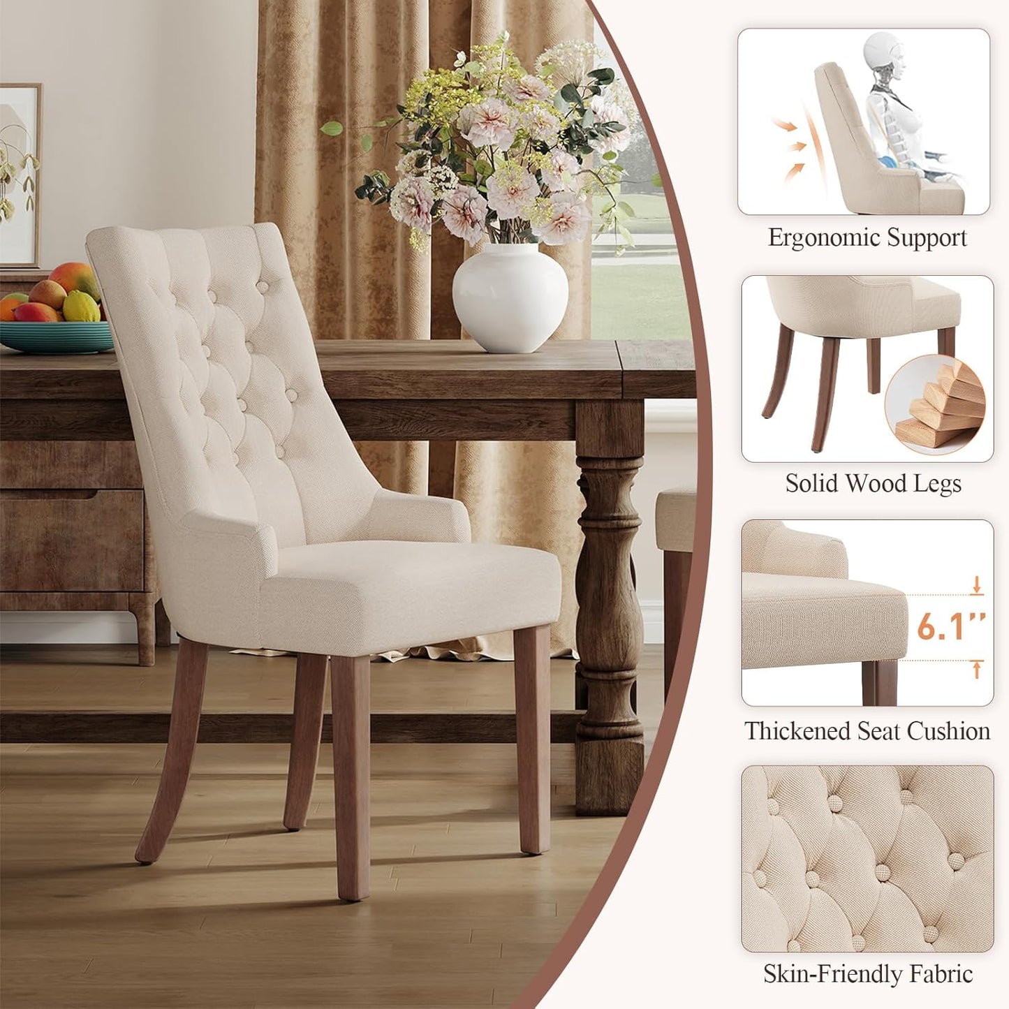 COLAMY Fabric Side Dining Chairs Set of 4, Wingback Upholstered Dining Room Chairs with Tufted Button, Living Room Chairs for Home Kitchen, Beige