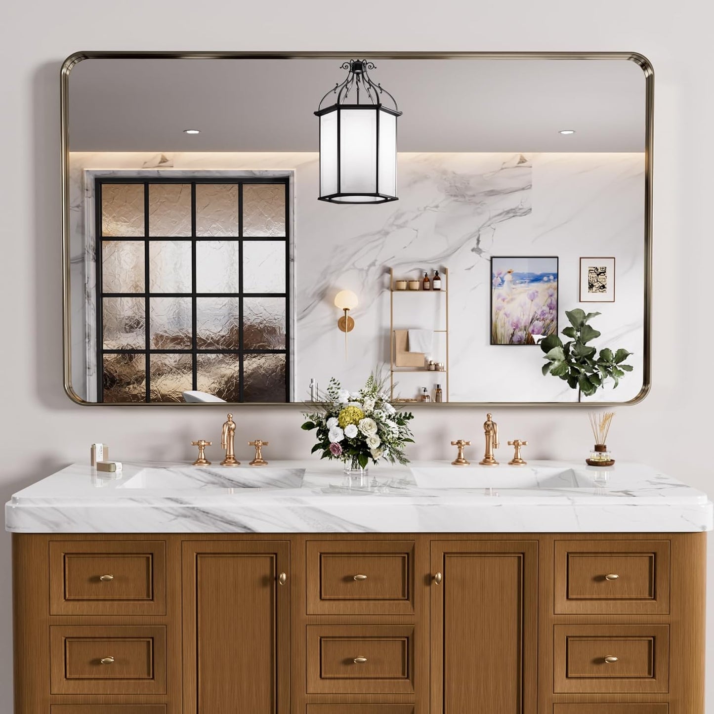 Bronze Bathroom Mirror 60x30 Inch, Brushed Bronze Metal Frame Mirror for Wall, Rounded Rectangle Bathroom Vanity Mirror with Tempered Glass, Anti-Rust, Horizontal/Vertical