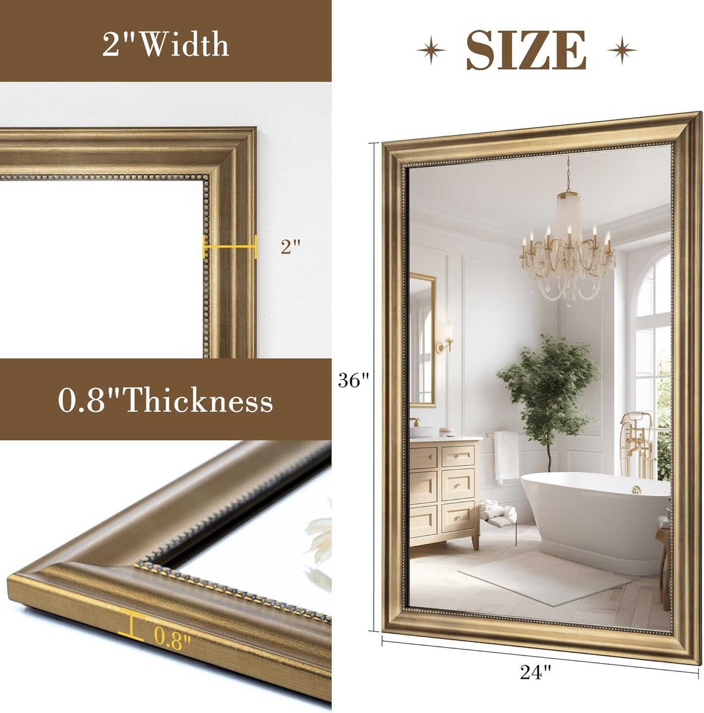 Axeman 24x36 Rectangular Wall Mirror, Decorative Bathroom Mirror, Traditional Vintage Wall Mounted Mirror with Beaded Frame for Accent Living Room Vanity Bedroom Entryway, Gold