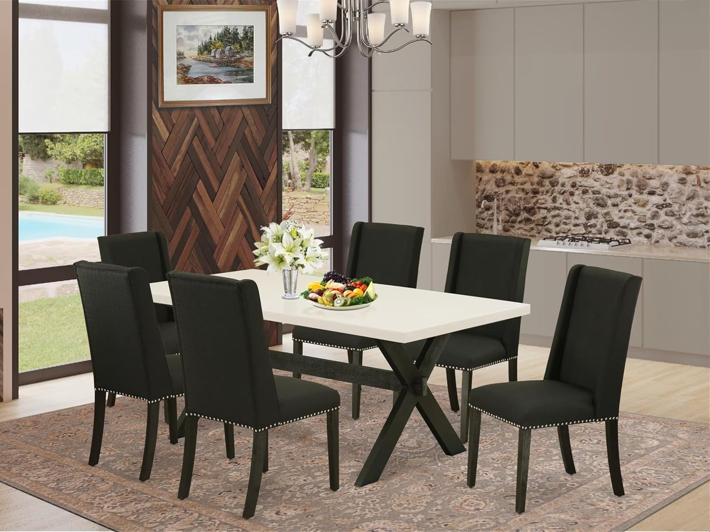 East West Furniture X627FL624-7 7 Piece Modern Dining Table Set Consist of a Rectangle Wooden Table with X-Legs and 6 Black Linen Fabric Upholstered Chairs, 40x72 Inch, Multi-Color