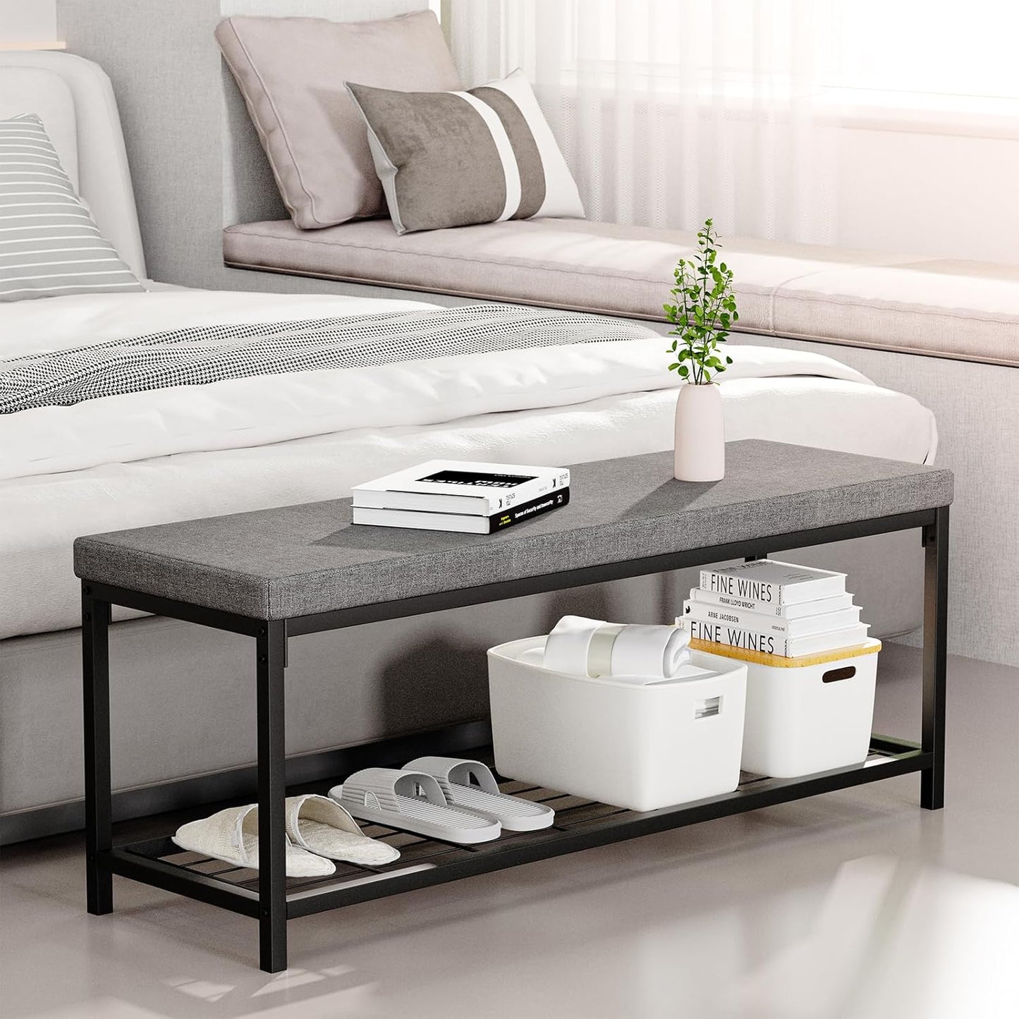 Shoe Bench, Entryway Bench with Cushion Seat, Shoe Rack Bench with Storage, Modern Style, Holds Up to 350 lb, for Living Room, Bedroom, Hallway, Grey