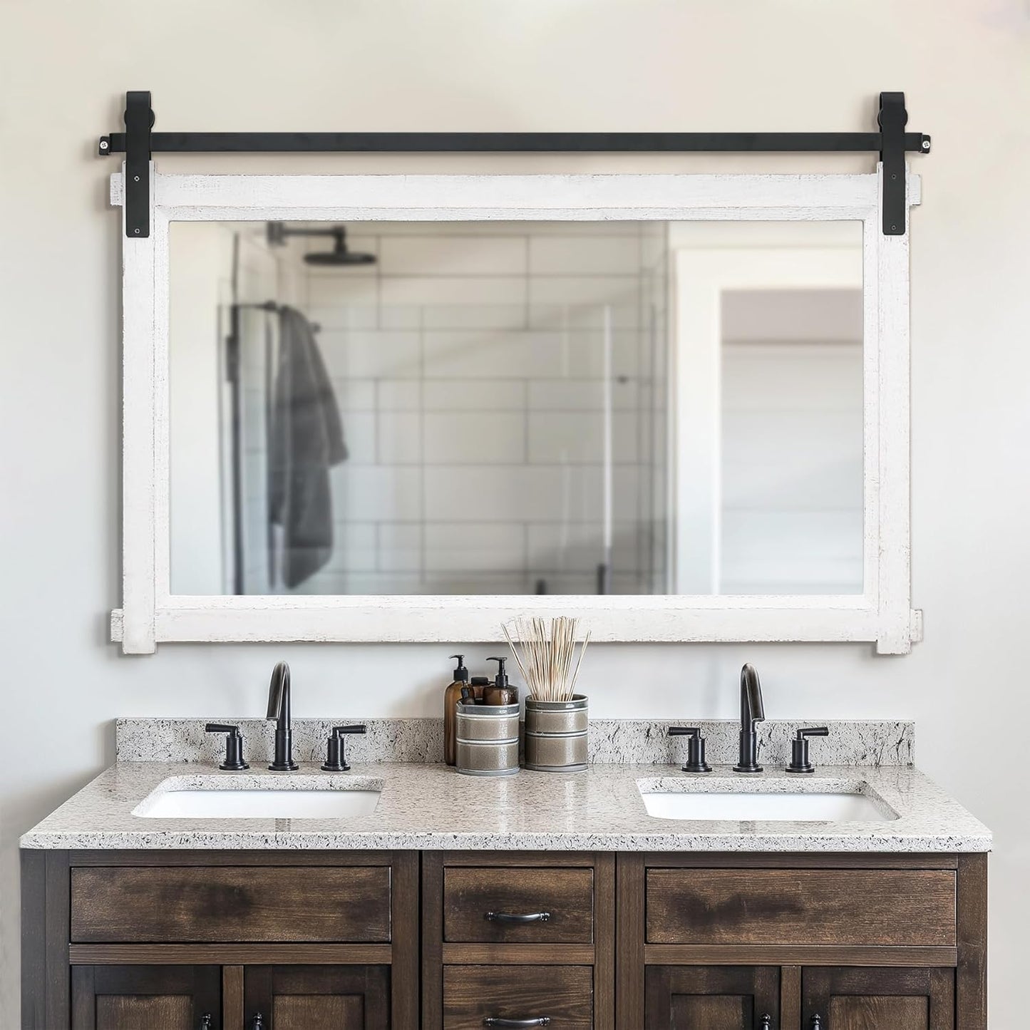 Bathroom Barn Door Mirror: 42"x28" White Farmhouse Wood Frame - Rustic Wall Mirror for Entryway/Living Room Wall Decor