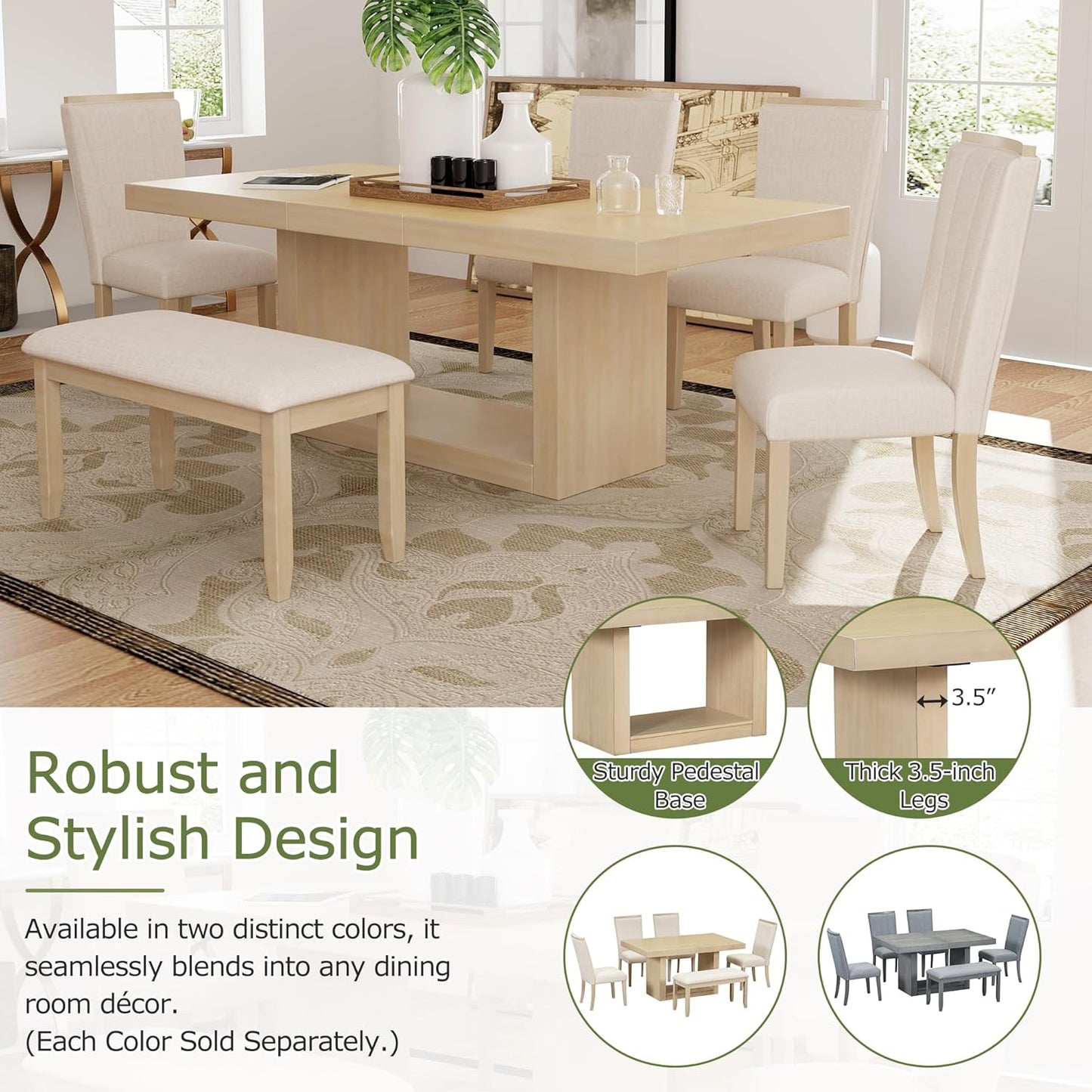 Ball & Cast 6 Piece Dining Table Set with 4 Upholstered Chairs & 1 Bench,Wooden Living Room Furniture for 6 W/ 78" Rectangle Kitchen Desk,for Restaurant,Home Bistro,Natural+Beige