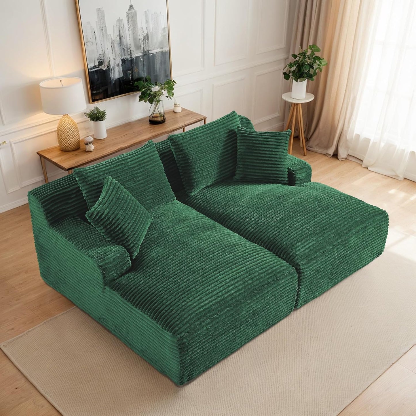 ERYE 79" Oversized Double Chaise Lounge Indoor Sleeper Recliner Sofabed with 4 Pillows, Fluffy Corduroy Loveseat Sleeper Chaise Daybed 2 Pieces Boneless Chair Sofa Bed for Living Room Bedroom Reading