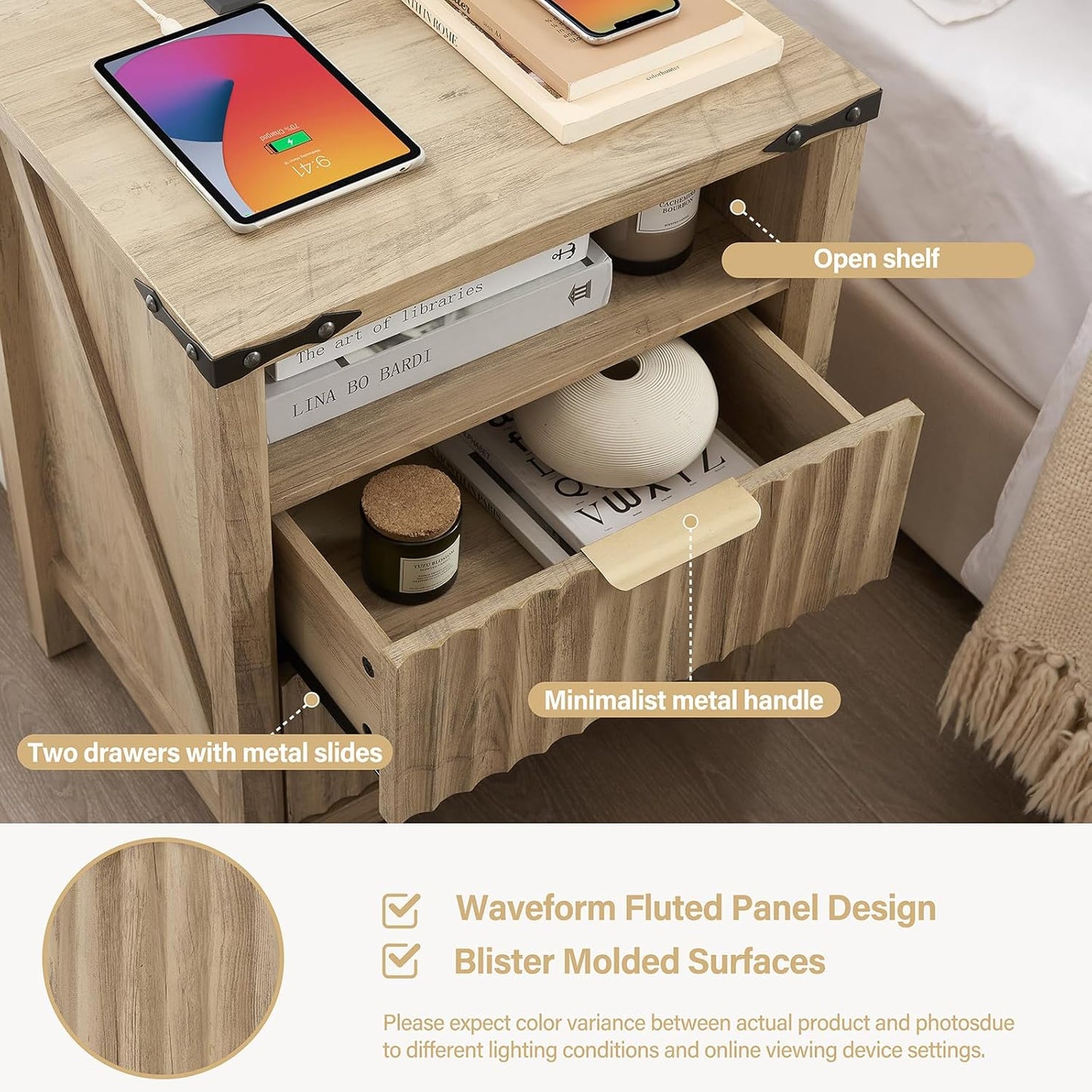 Fluted Nightstand with Charging Station Set of 2-20 Inch Wide Farmhouse Bedside Table with 2 Drawers, Modern Wood End Side Table for Bedroom Study Storage Sunwashed Ash Oak