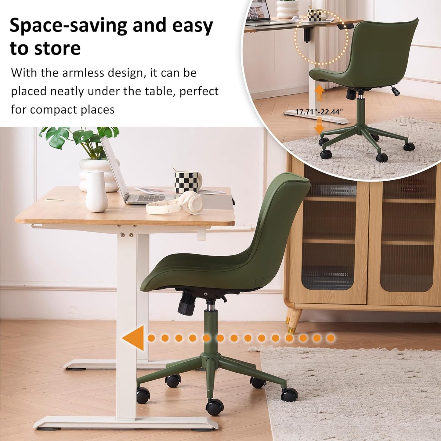 YOUNIKE Green Home Office Desk Chair with Wheels Armless Compact Comfy Vanity Chair with Adjustable Back Modern Small Leather Upholstered Rolling Swivel Cute Computer Task Sewing Chair No Arms