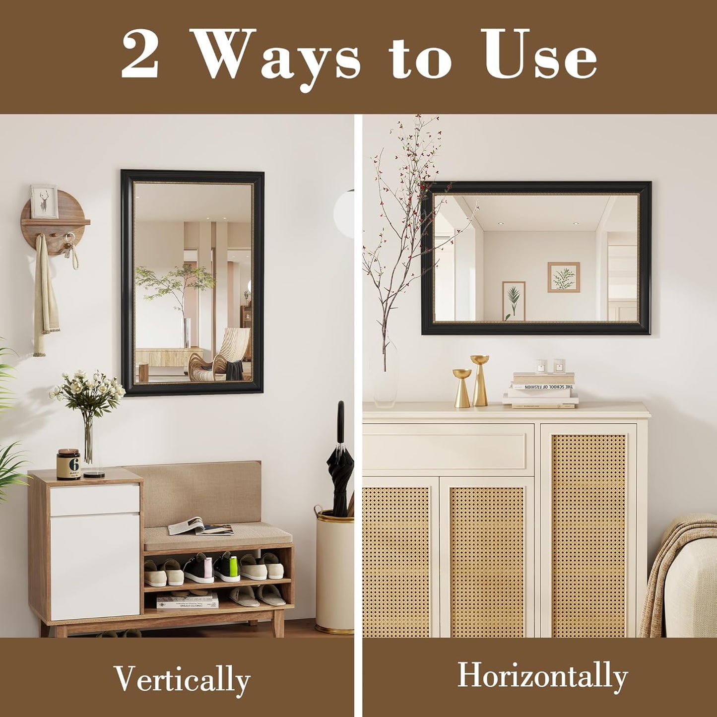 Axeman 28x36 Rectangular Wall Mirror, Decorative Bathroom Mirror, Traditional Vintage Wall Mounted Mirror with Beaded Frame for Accent Living Room Vanity Bedroom Entryway, Black