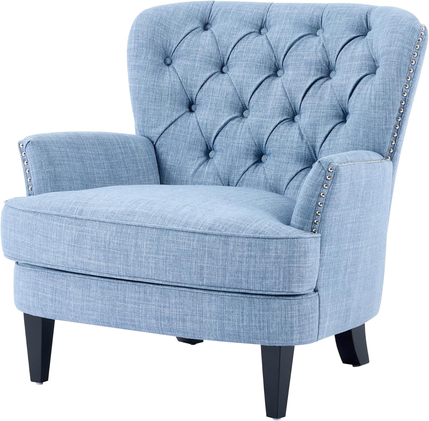 Ball & Cast Accent Chair,Mid-Century Lounge Living Room Chairs with Button Tufting,Upholstered Reading Accent Chair W/Solid Wood Legs and Curved Backrest,for Bedroom,Apartment,Light Blue
