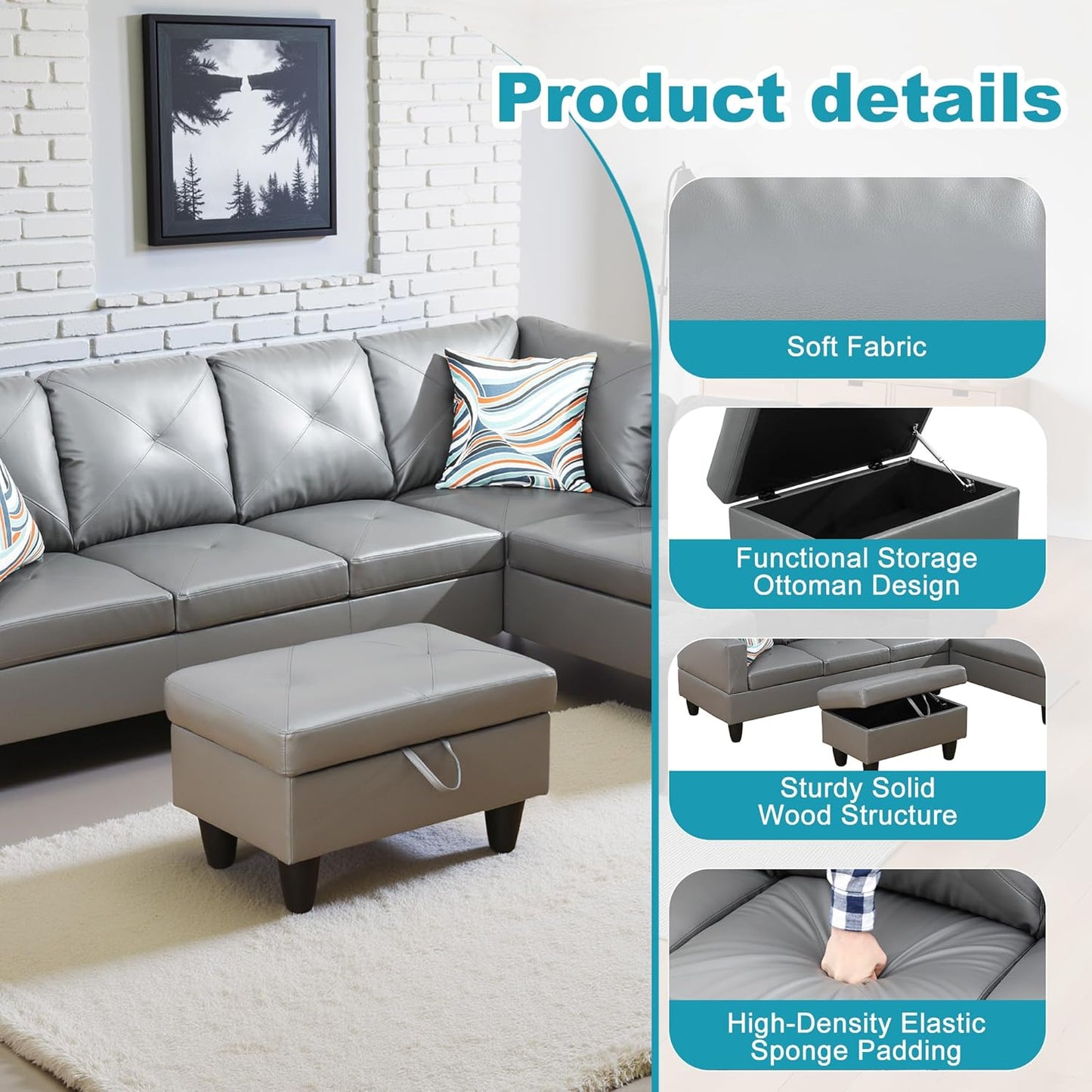 Couches for Living Room Faux Leather L Shaped Couch Comfy 3 Pieces Sectional Sofa with Chaise, Ottoman with Storage for Office and Small Apartment, Dark Grey
