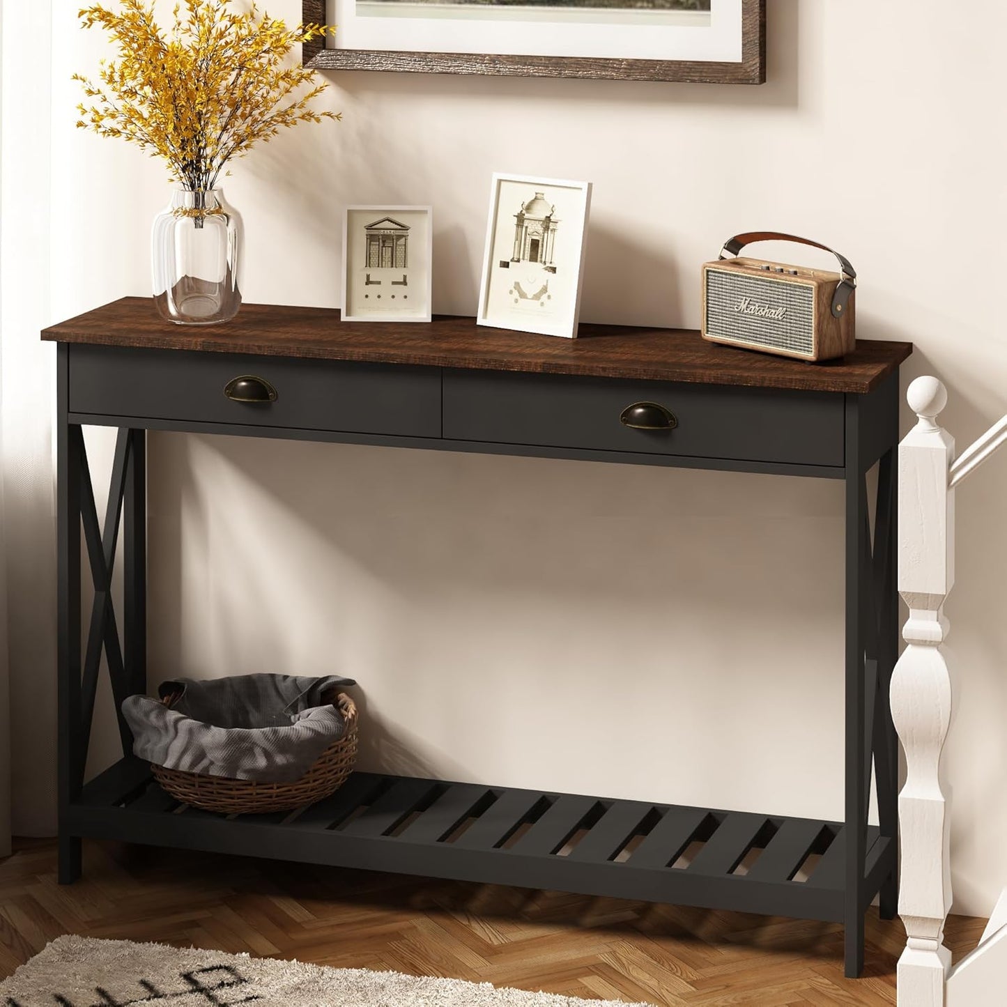 ChooChoo 47" Farmhouse Console Table with Drawer for Entryway, Narrow Long Entry Table with Shelf for Living Room, Rustic Vintage Hallway Sofa Table with Stable X Supports, Black
