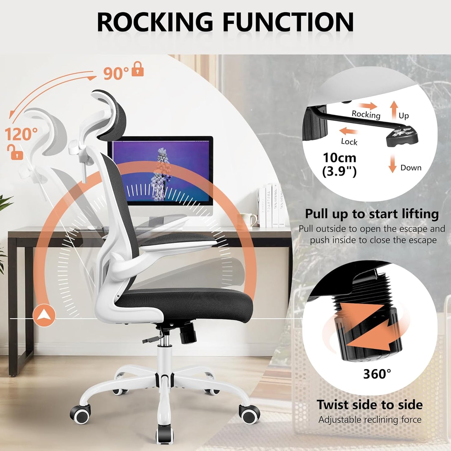FelixKing Office Chair with Headrest, Ergonomic Desk Chair with Wheels, Task Swivel Comfy Chair with Adjustable Lumbar Support, Breathable Mesh Computer Chair with flip-up Armrests for Home (White)