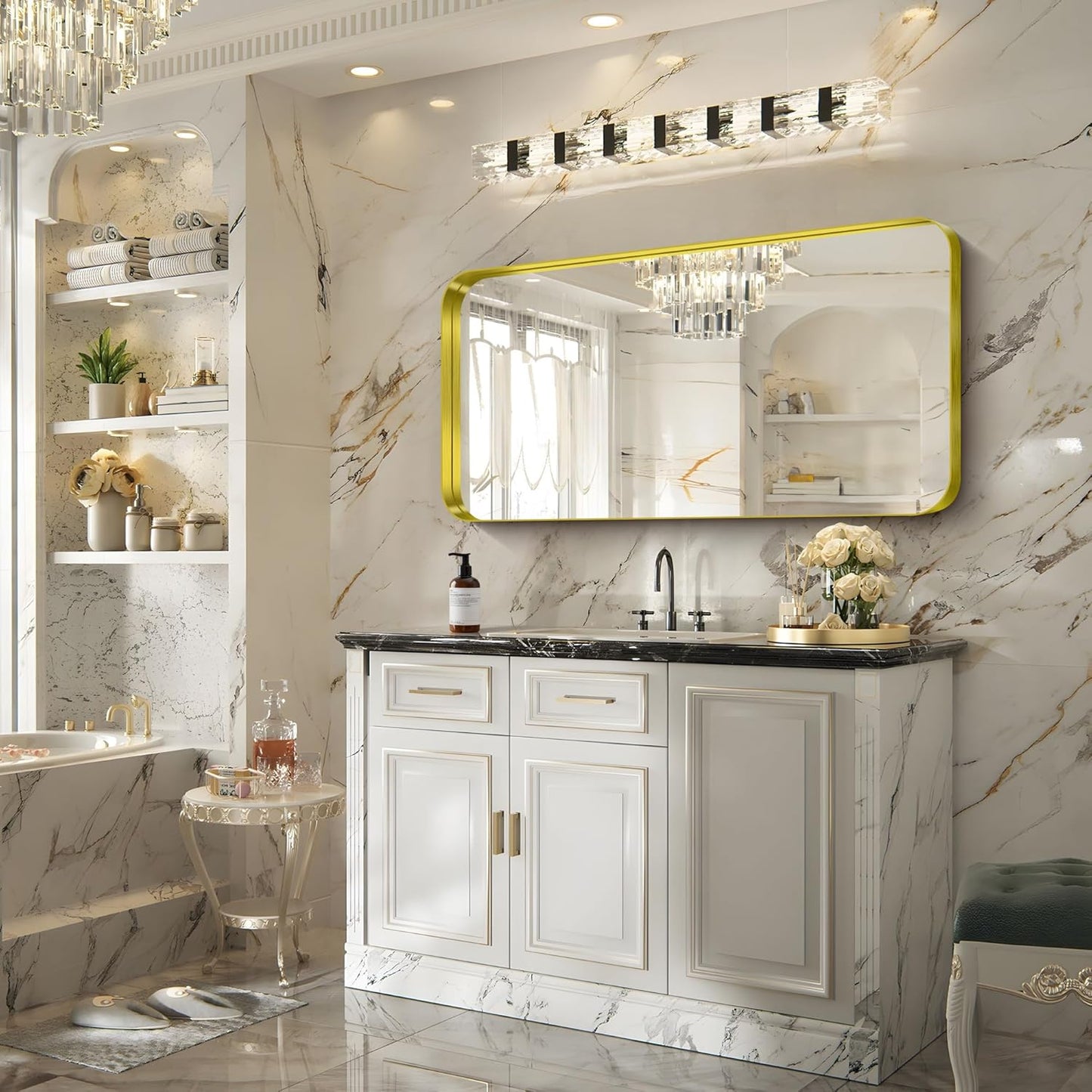 FORBATH 24x48 Inch Bathroom Mirror, Brushed Gold Deep Frame Narrow Wall Mirror with Rounded Corners, Anti-Rust Tempered Glass for Modern Farmhouse Vanity (Horizontal/Vertical)