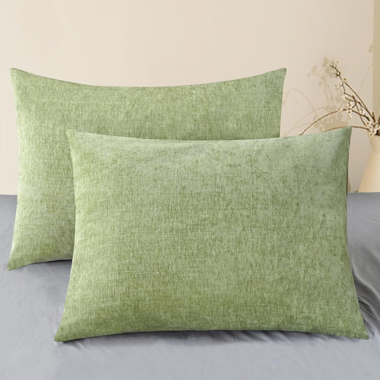 CaliTime Throw Pillow Covers Decorative 20 X 26 Inches Pack of 2 Cozy Chenille Standard Pillow Shams Cases for Couch Sofa Bed Living Room Home Sage Green