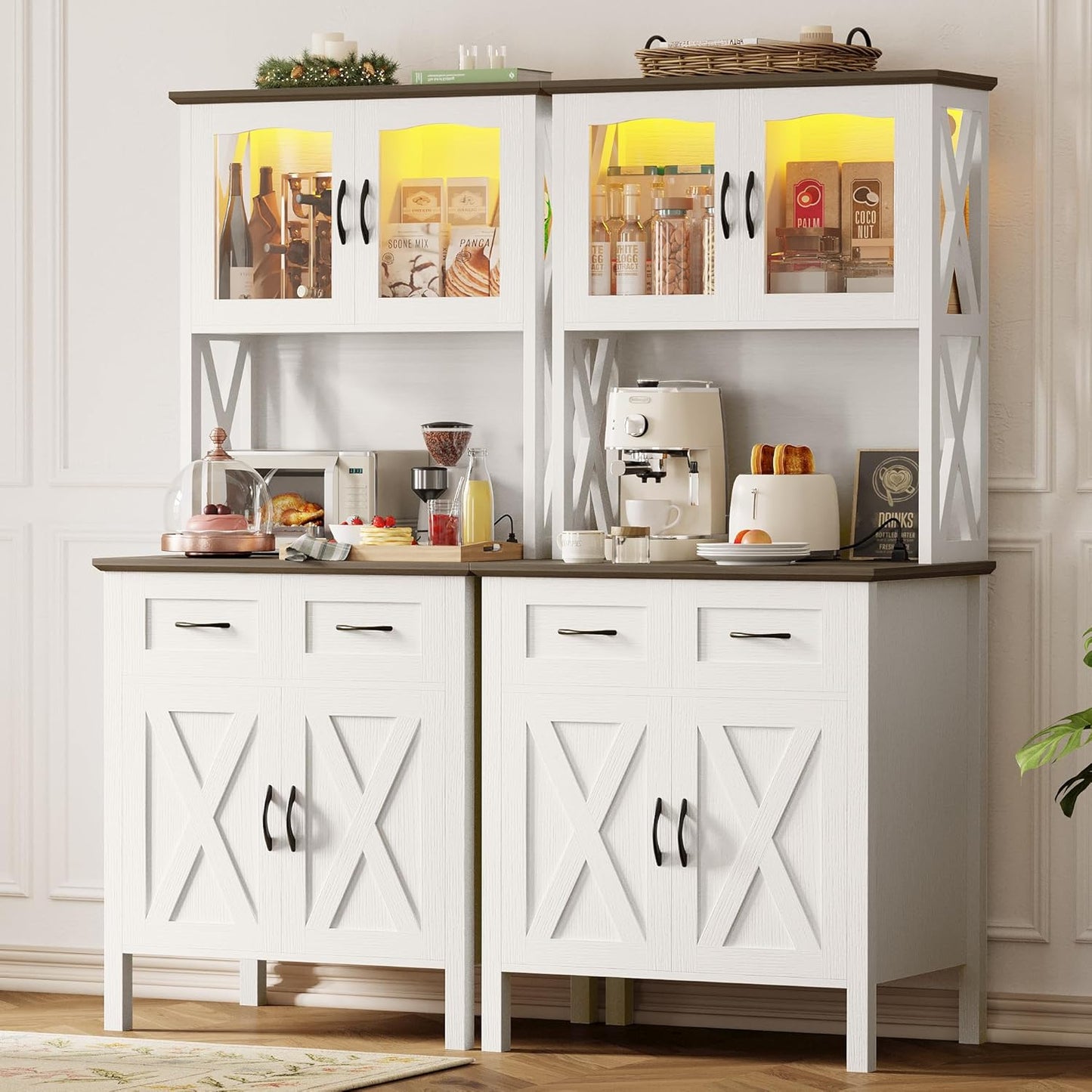 IRONCK 71" Pantry Cabinet with LED Lights and Charging Station, Tall Kitchen Storage Cabinet with Microwave Stand, Farmhouse Kitchen Hutch for Dining Room, White