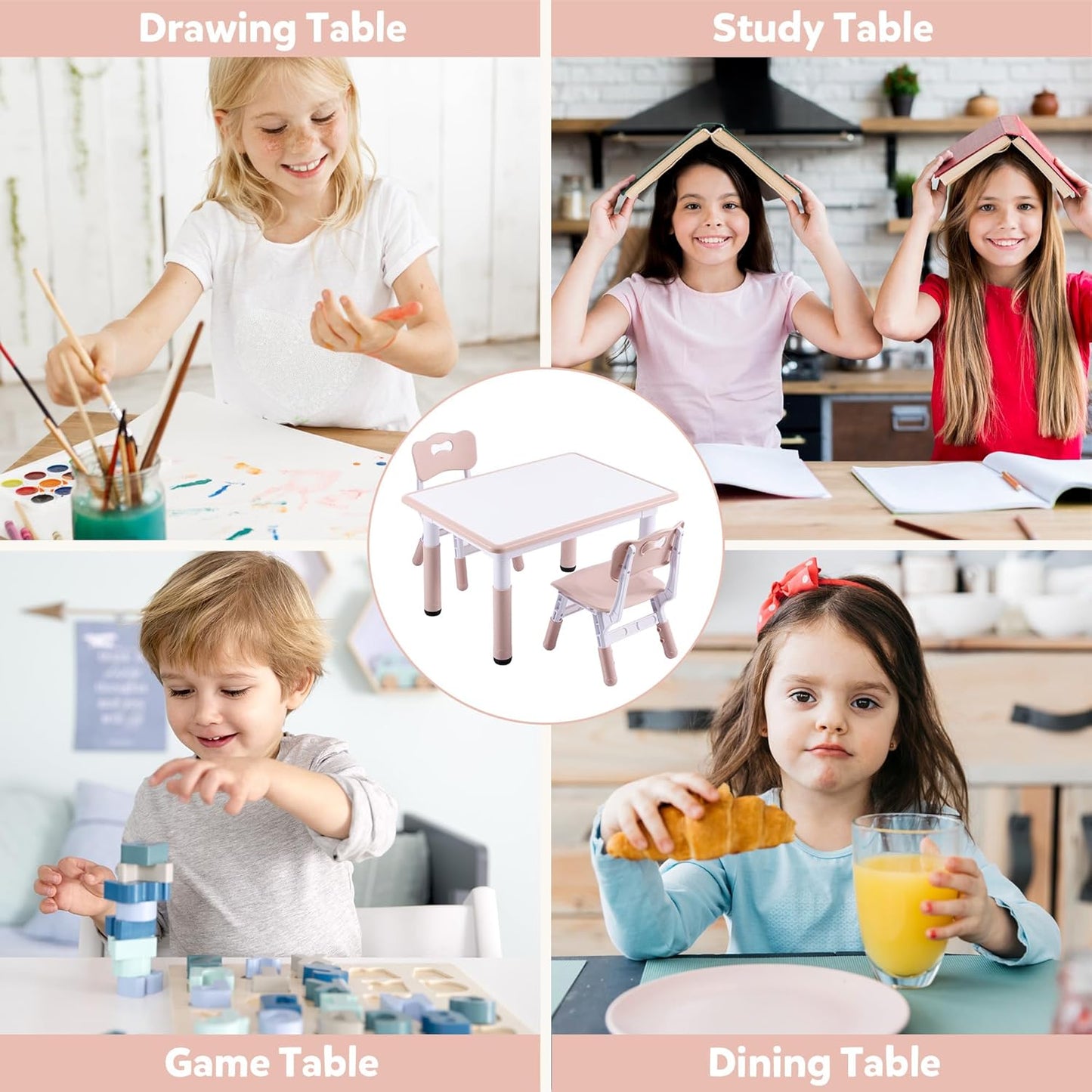 Adjustable Kids Table & Chairs Set for Ages 3-8 | 31.5"x23.6" Easy-Clean Activity Table | Meets ASTM/CPSC Standards for Daycare, Homeschool & Playroom (Pink, 2 Chairs)