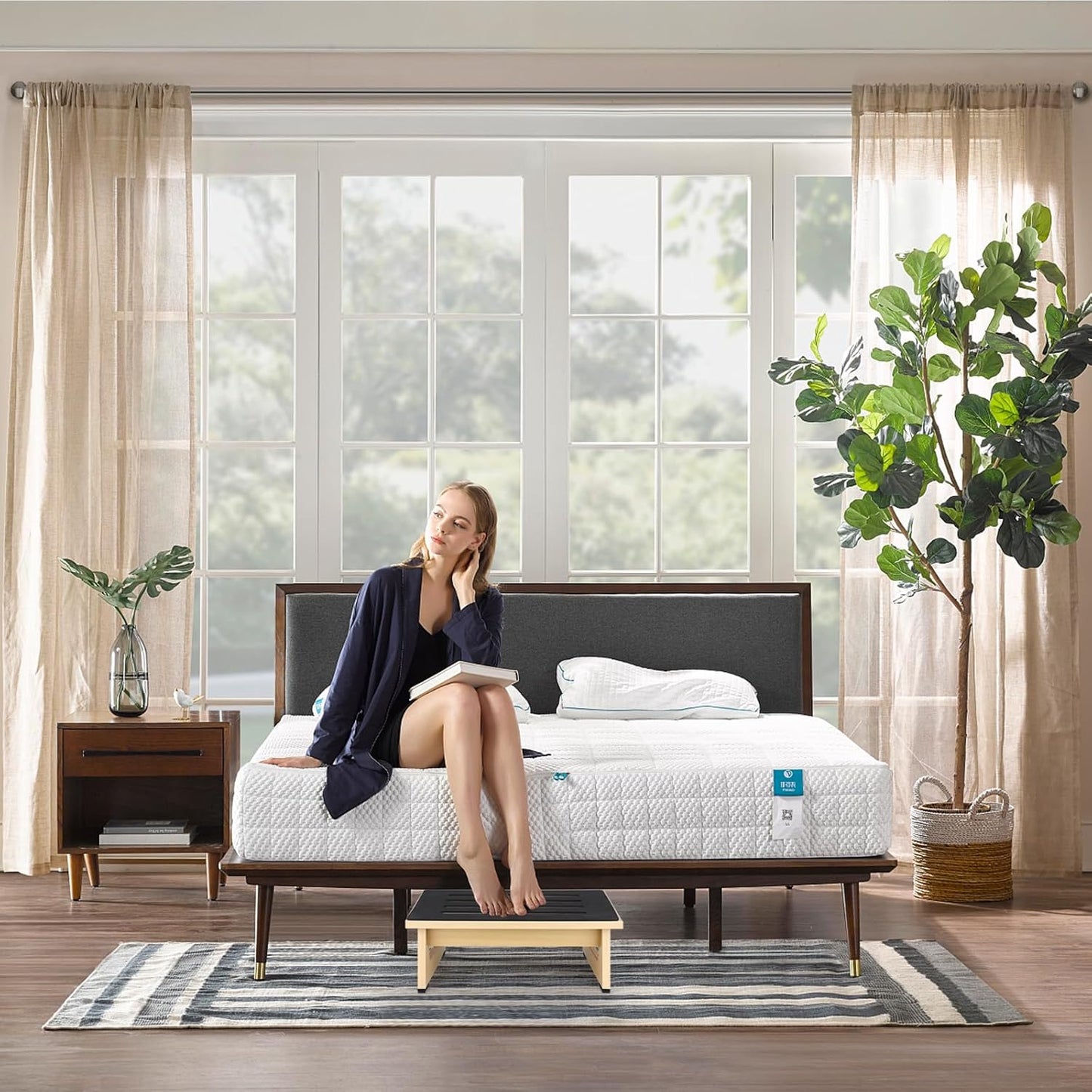 One Step Stool for Adults Seniors with Non-Slip Rubber Step Surface, 5.5" Heavy Duty Wooden Stepping Stools with 450 LBS Capacity for Bedroom Kitchen Bathroom, Bed Steps for High Beds, Bedside Support