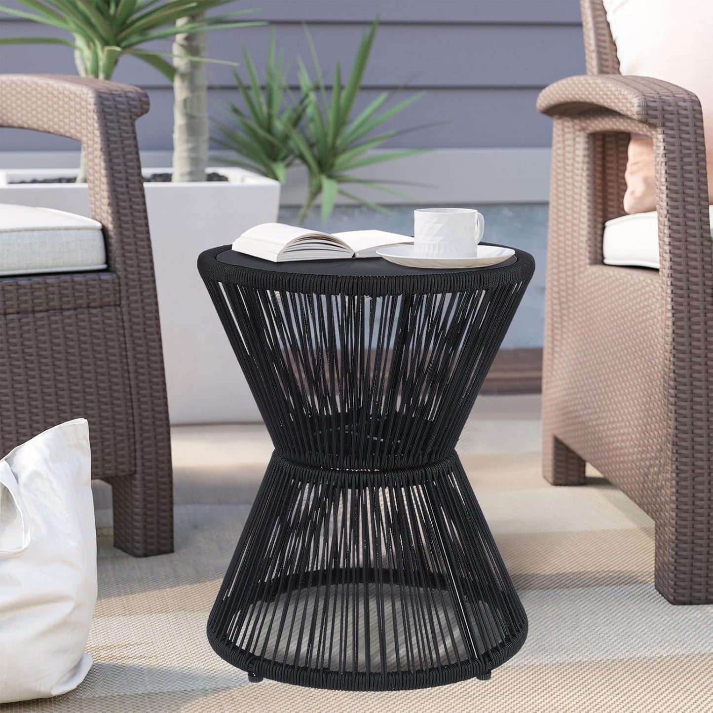 LEWIS&WAYNE Small Outdoor Side Table Patio 20’’ H Woven Rope Hourglass End Table with Glass Top Round Coffee Table for Living Room Outdoor Patio Backyard Poolside(Black)