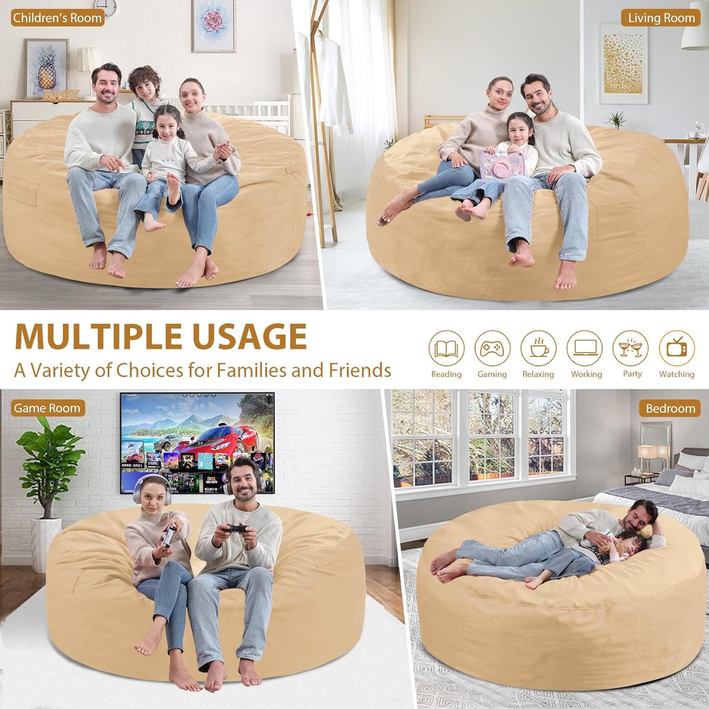 6FT Bean Bag Chair, Large Bean Bag Chairs with Memory Foam Filled, Fluffy Beanbag Sofa with Dutch Velvet Cover, Round BeanBag Chairs for Living Room, Playroom - Khaki