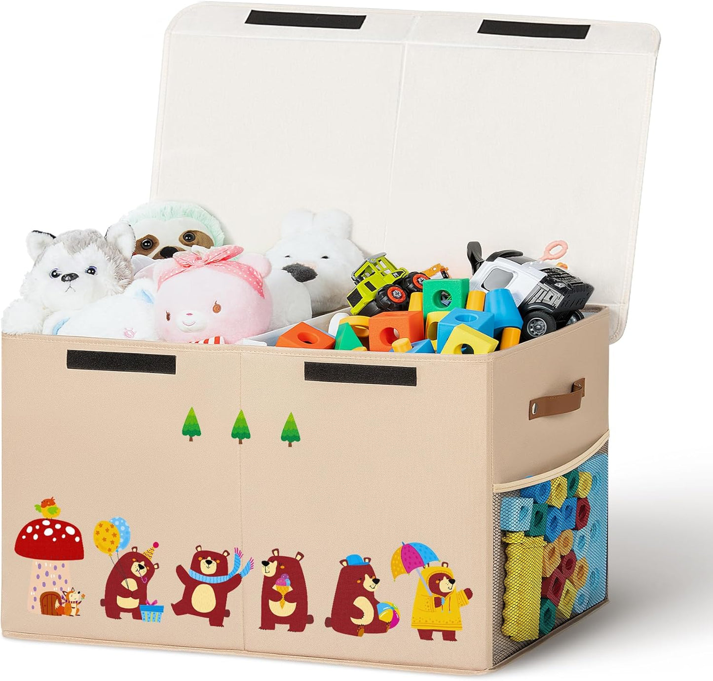 80L Large Toy Storage Box with Lid, Large Toy Box Chest for Kids, Girls and Boys, Nursery Room and Living Room, 26"x13" x16" (Dark Khaki-bear)
