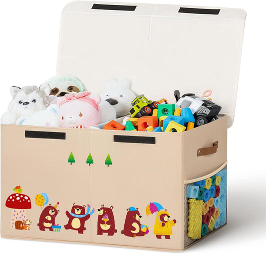80L Large Toy Storage Box with Lid, Large Toy Box Chest for Kids, Girls and Boys, Nursery Room and Living Room, 26"x13" x16" (Dark Khaki-bear)
