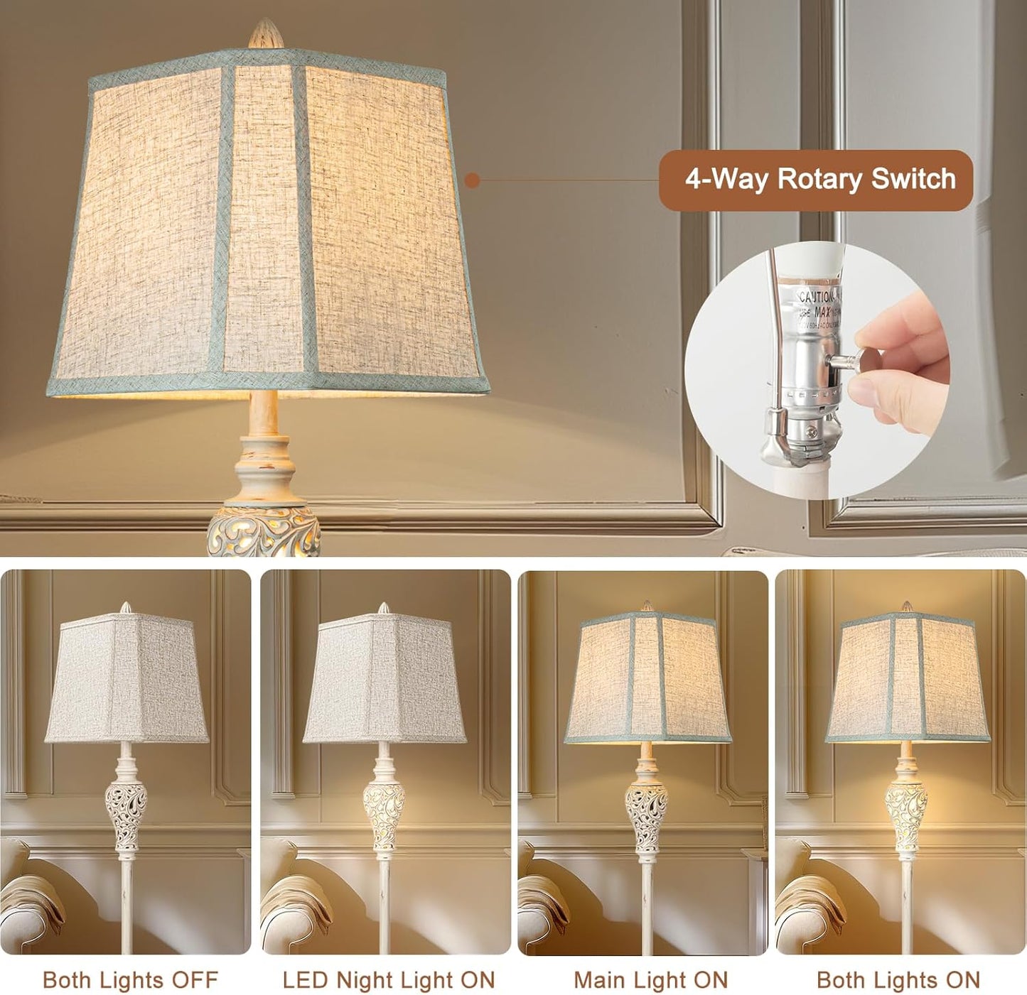 Rustic Floor Lamp 65'' Tall with Nightlight Cut Corner Linen Fabric Shade Vintage Standing Lamp for Living Room, Bedroom, Office, House (Bulb Included)