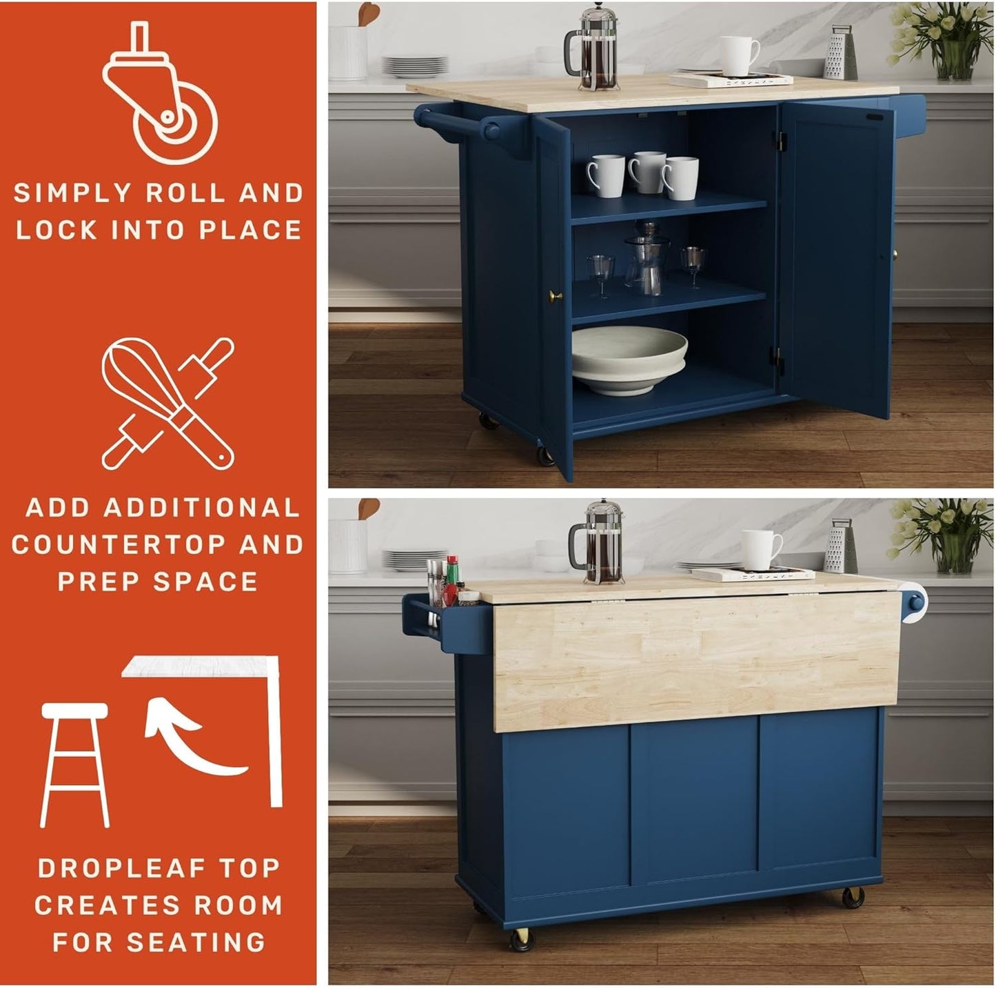 Homestyles Mobile Kitchen Island Cart with Wood Top and Dropleaf Breakfast Bar, Blue