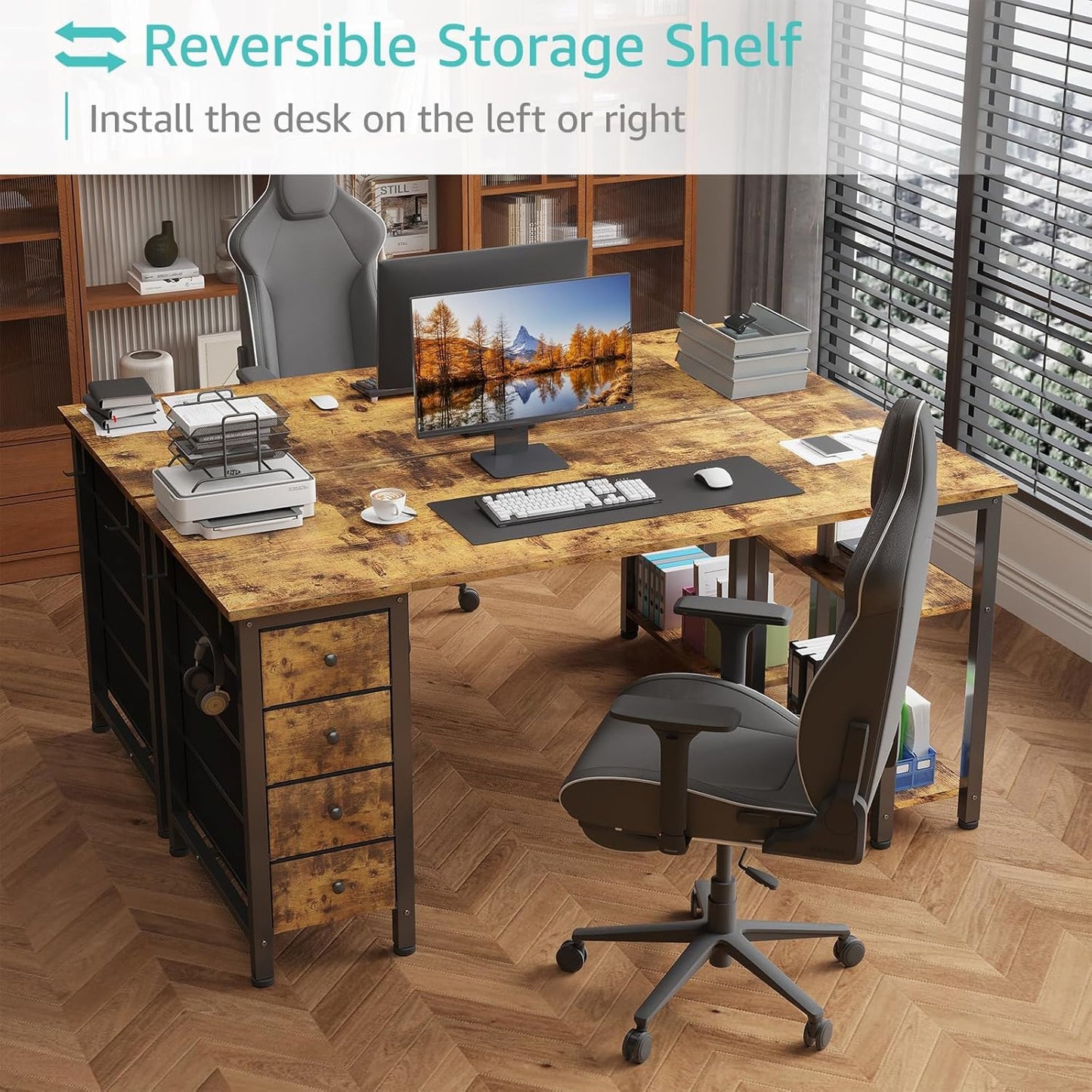 Lufeiya 63 inch Computer Desk with 4 Fabric Drawers & Storage Shelves, Writing Work Study Desk for Home Office Bedroom, Modern Simple Student PC Desks Table, Rustic Brown