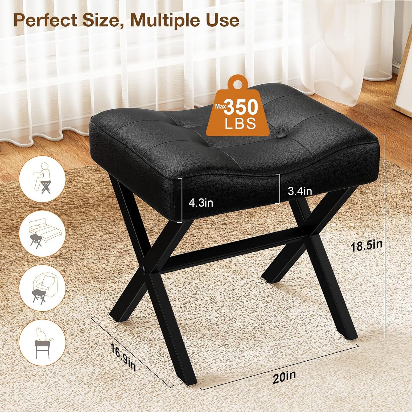 18-Inch Large Leather Vanity Stool, Vanity Chair with Metal X-Leg, Ottoman Foot Stool with Thick Padded Saddle Seat, Black